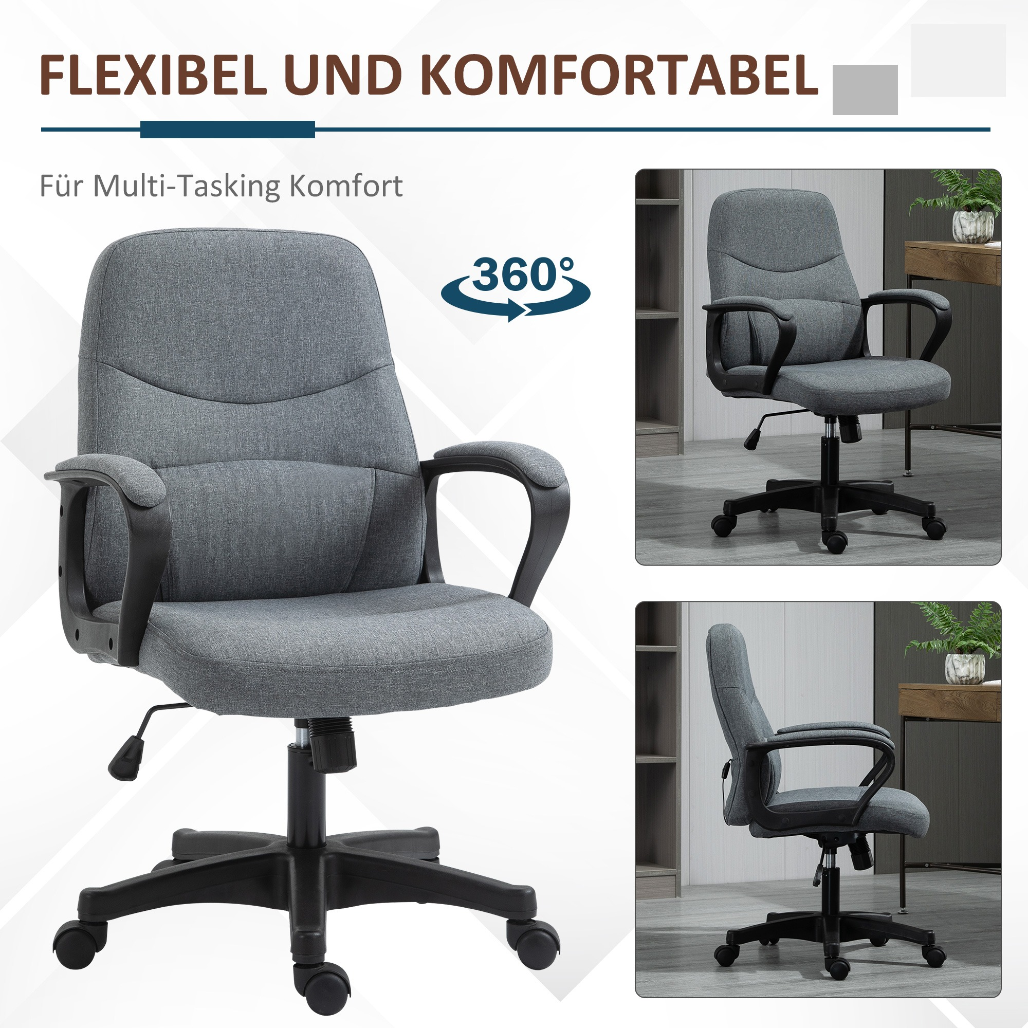 Ein grauer Bürostuhl mit schwarzen Armlehnen und Fuß, mit mehreren Ansichten und Text auf Deutsch.
