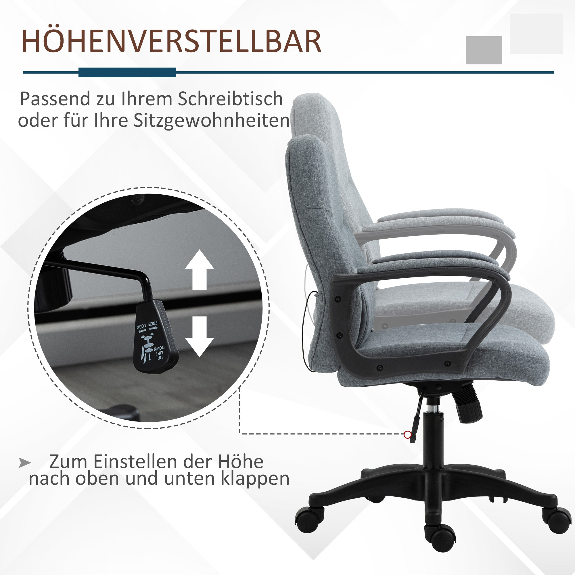 Bürostuhl mit grauem Sitz und Rückenlehne. Der Stuhl ist schwarz mit einem Hebel zur Höhenverstellung.