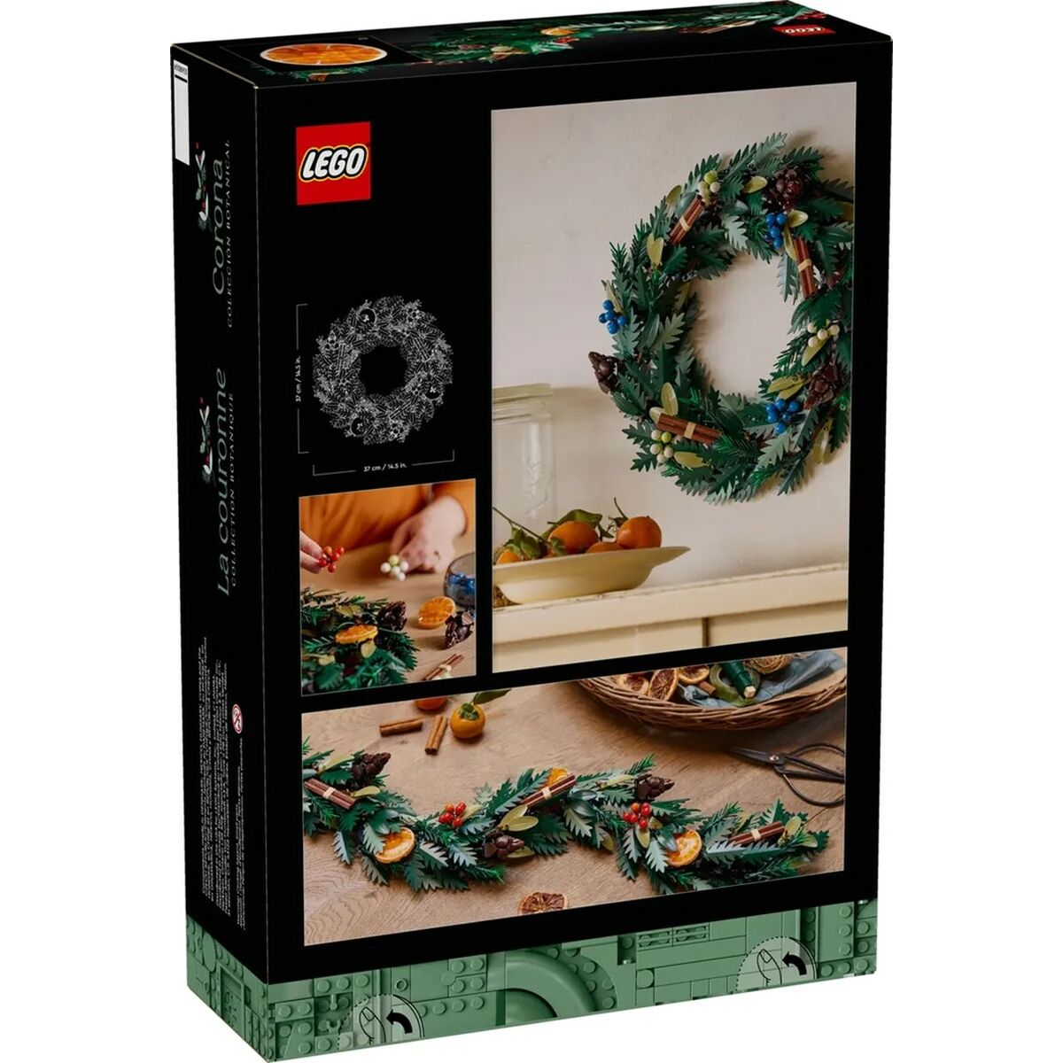 Een LEGO-doos toont een krans en guirlande gemaakt van LEGO-stukken. De doos is zwart met groene accenten.