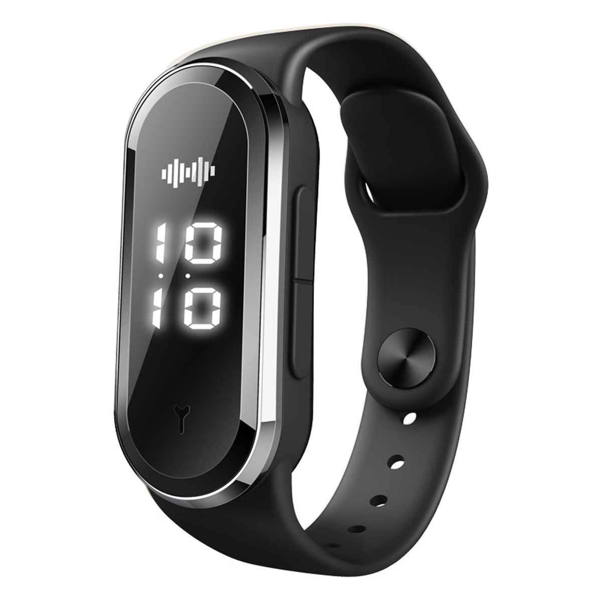 Schwarze Smartwatch mit gebogenem Bildschirm, der Zahlen anzeigt. Schwarzes Armband.