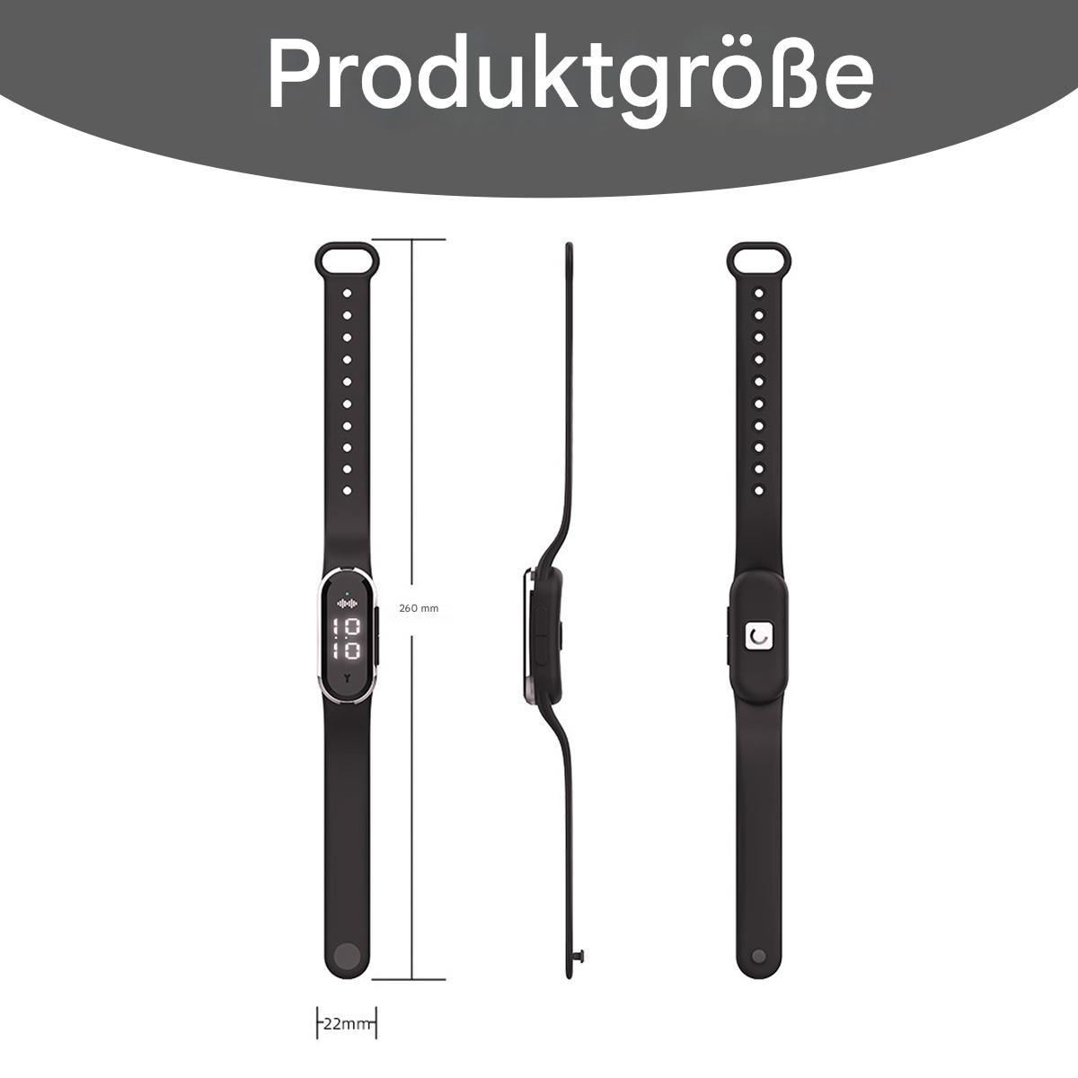 Drei Ansichten eines schwarzen Fitness-Trackers: vorne, seitlich und hinten. Abmessungen: 260 mm und 22 mm.