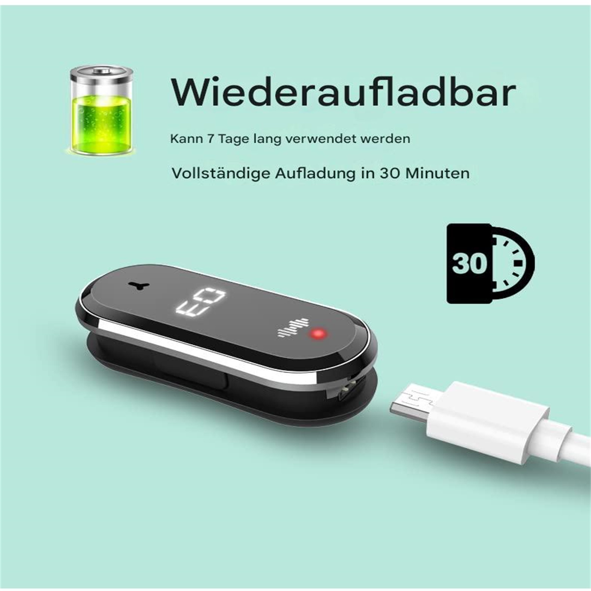 Ein schwarzer Fitness-Tracker mit Ladekabel und 30-Minuten-Ladezeitanzeige.
