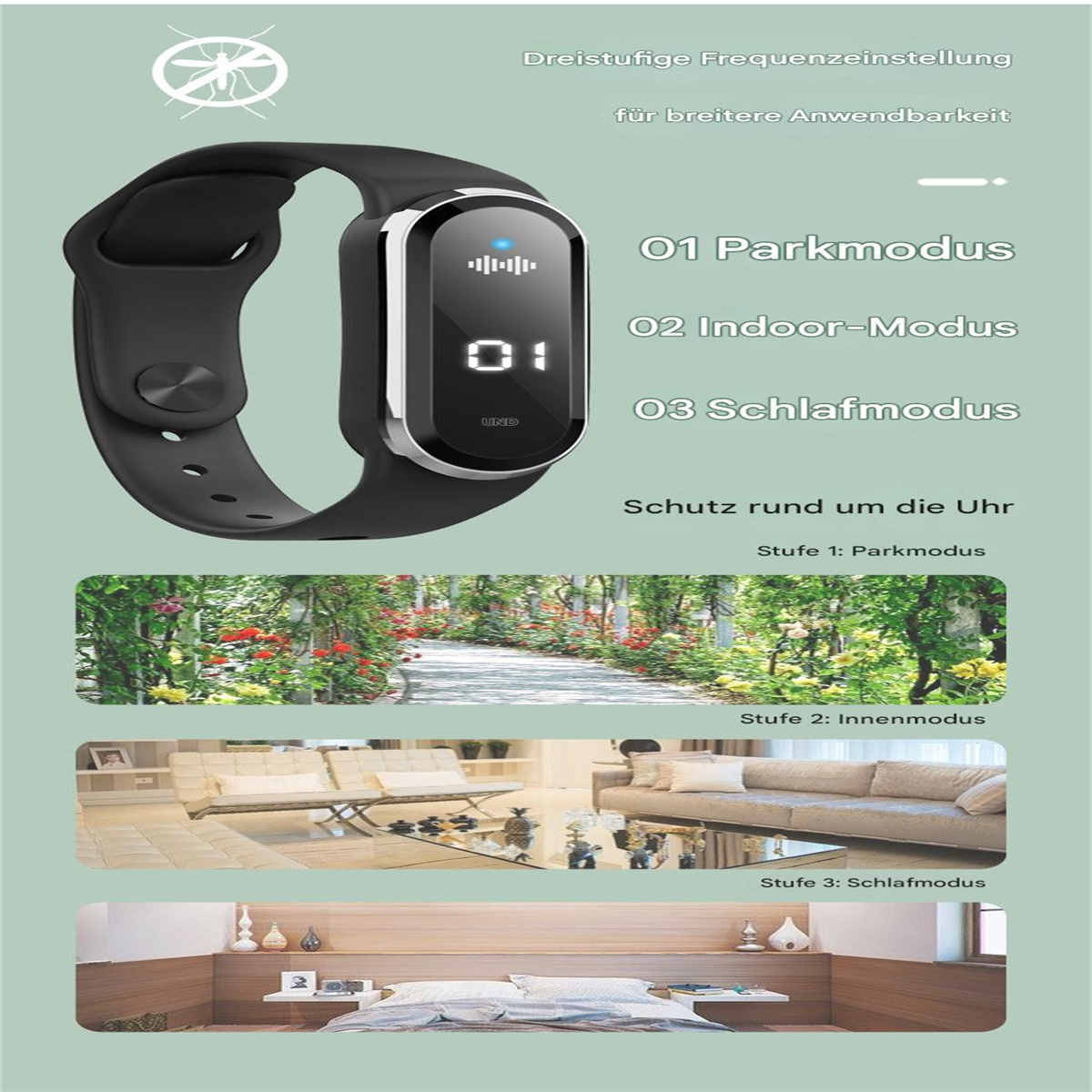 Schwarze Smartwatch. Das Display zeigt Einstellungen für Park-, Indoor- und Schlafmodi. Szenen von Park, Zuhause und Schlafzimmer werden gezeigt.
