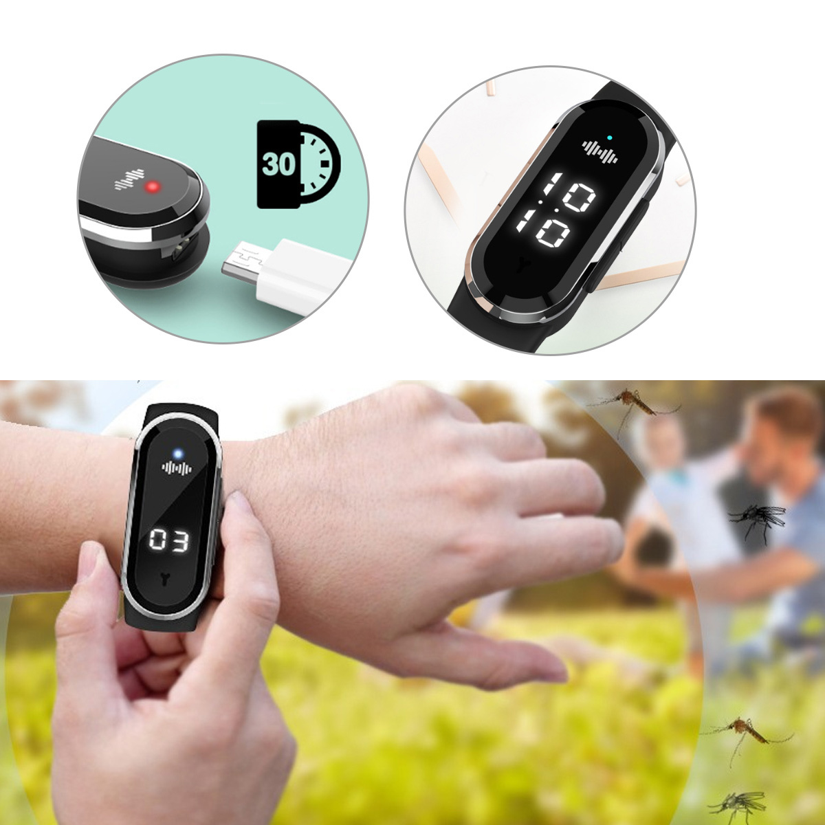 Eine Person trägt einen Fitness-Tracker am Handgelenk. Der Tracker zeigt die Zeit, während im Hintergrund Mücken gezeigt werden.