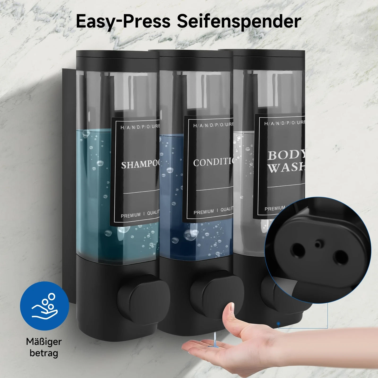 Drei schwarze Seifenspender an der Wand, beschriftet mit Shampoo, Conditioner und Body Wash. Hand drückt einen Spender.