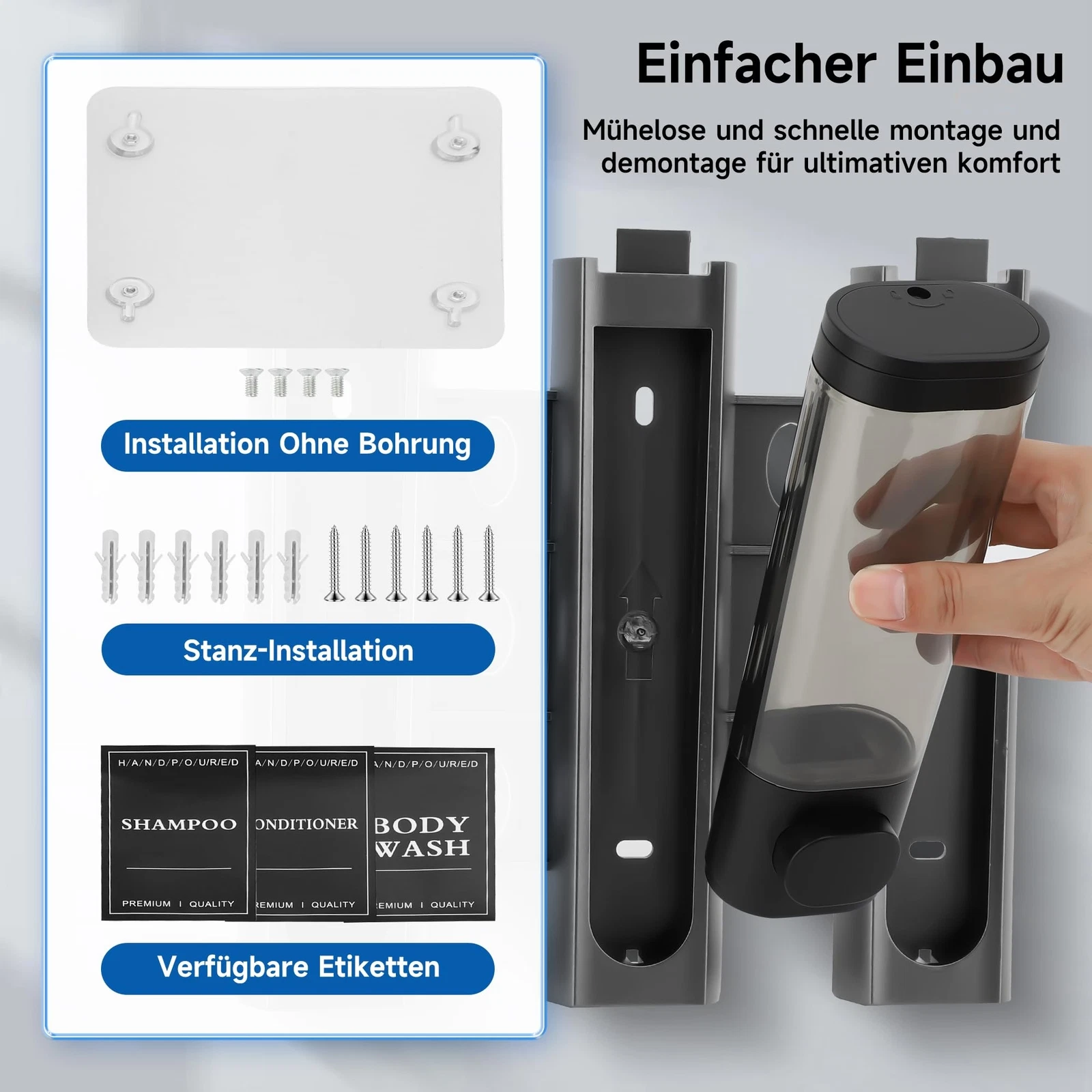 An der Wand montiertes Seifenspender-Set, mit Installationselementen. Inklusive Etiketten für Shampoo, Spülung und Duschgel.