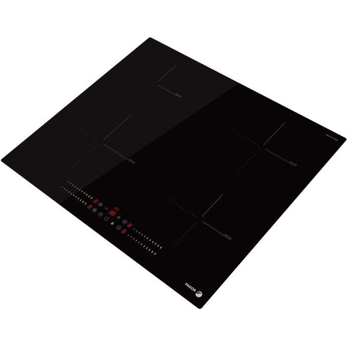 A black induction cooktop with four cooking zones. The cooktop is in a diagonal position.
