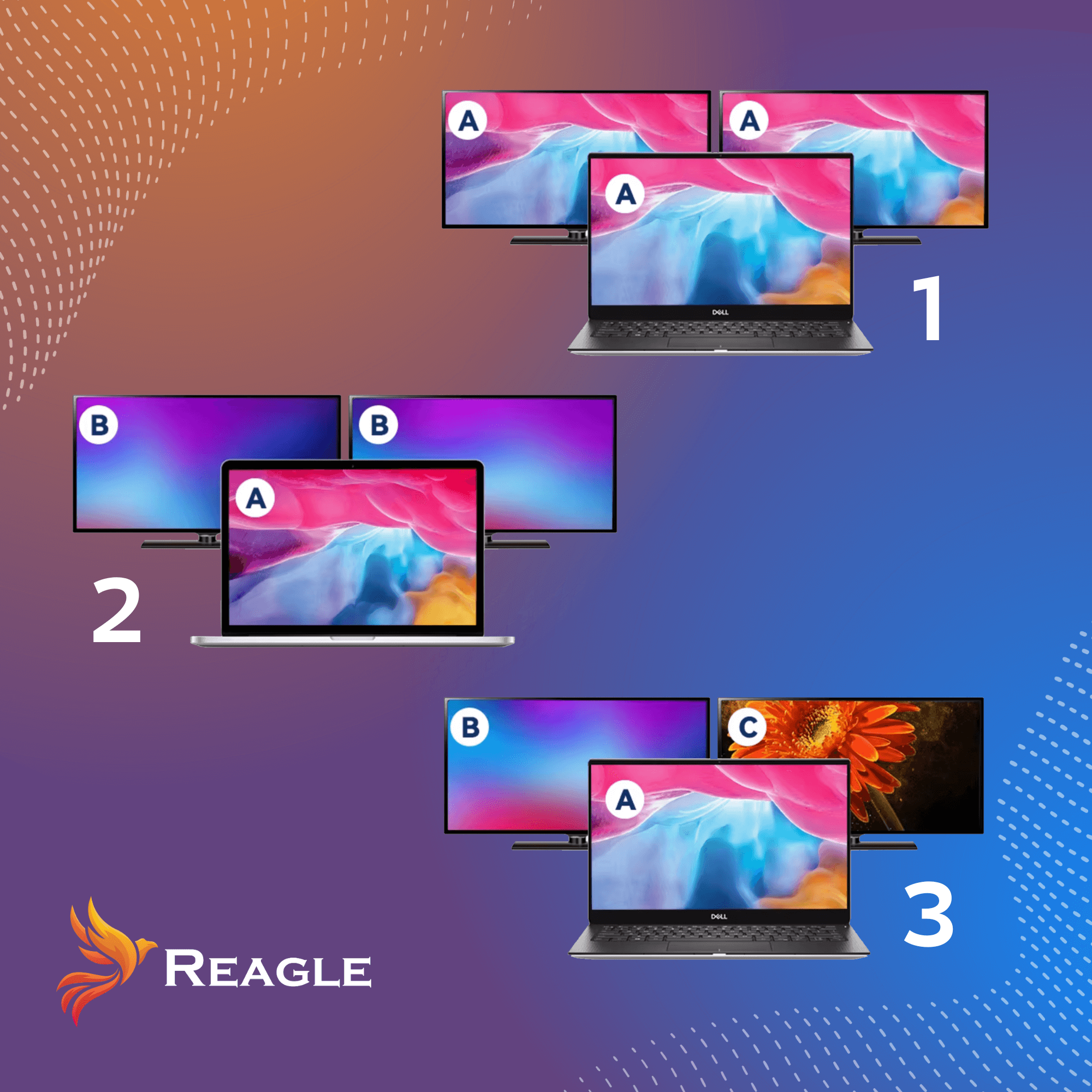 Laptopy i monitory podłączone do nich, wyświetlające różne treści na ekranach.