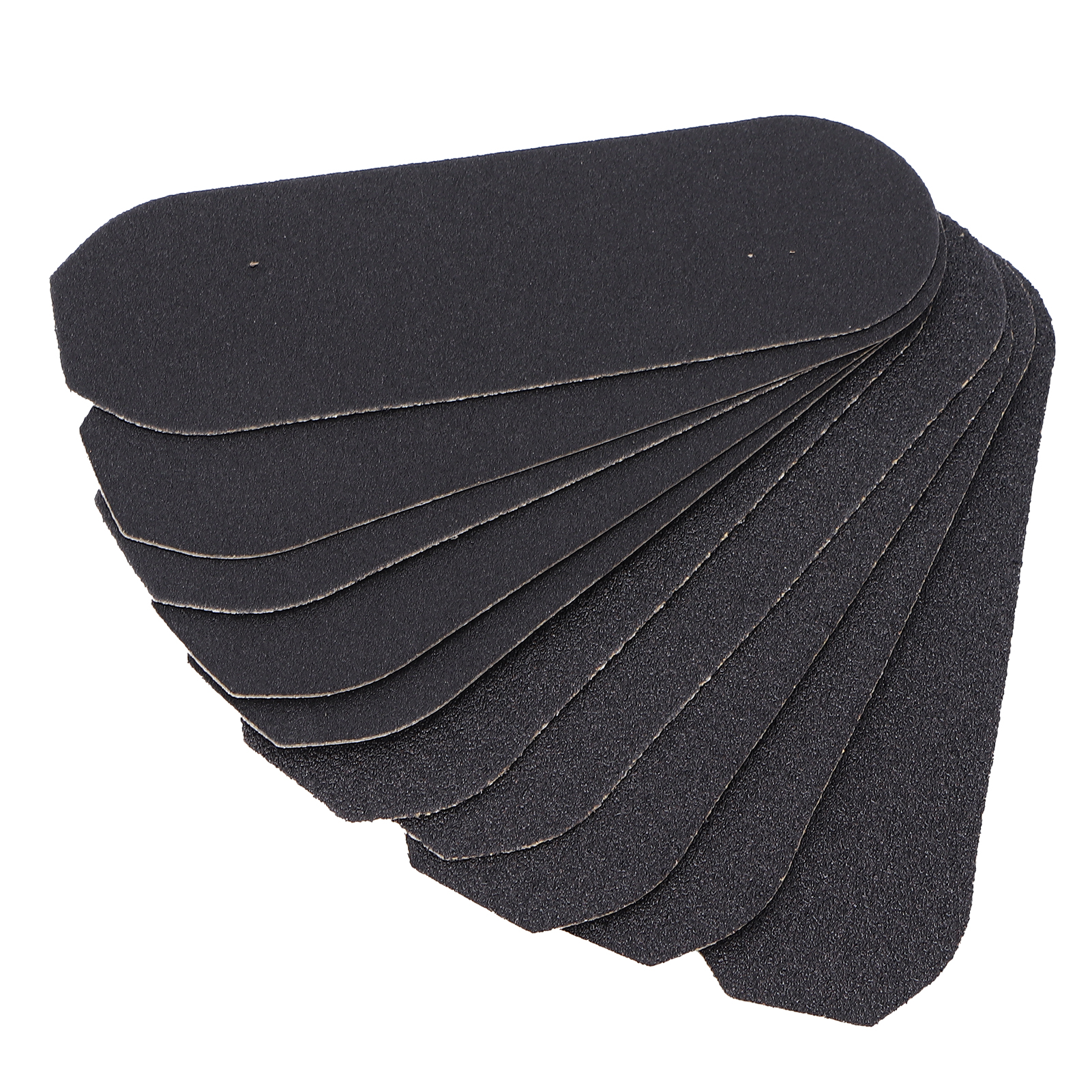 Ein Stapel schwarzer, sandpapierartiger Pads. Die Pads haben eine ovale Form.