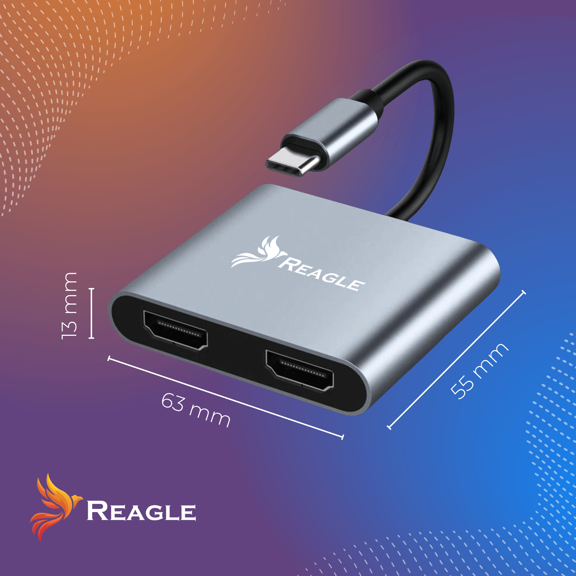 Szary adapter z podłączonym kablem. Wymiary są oznaczone na adapterze.