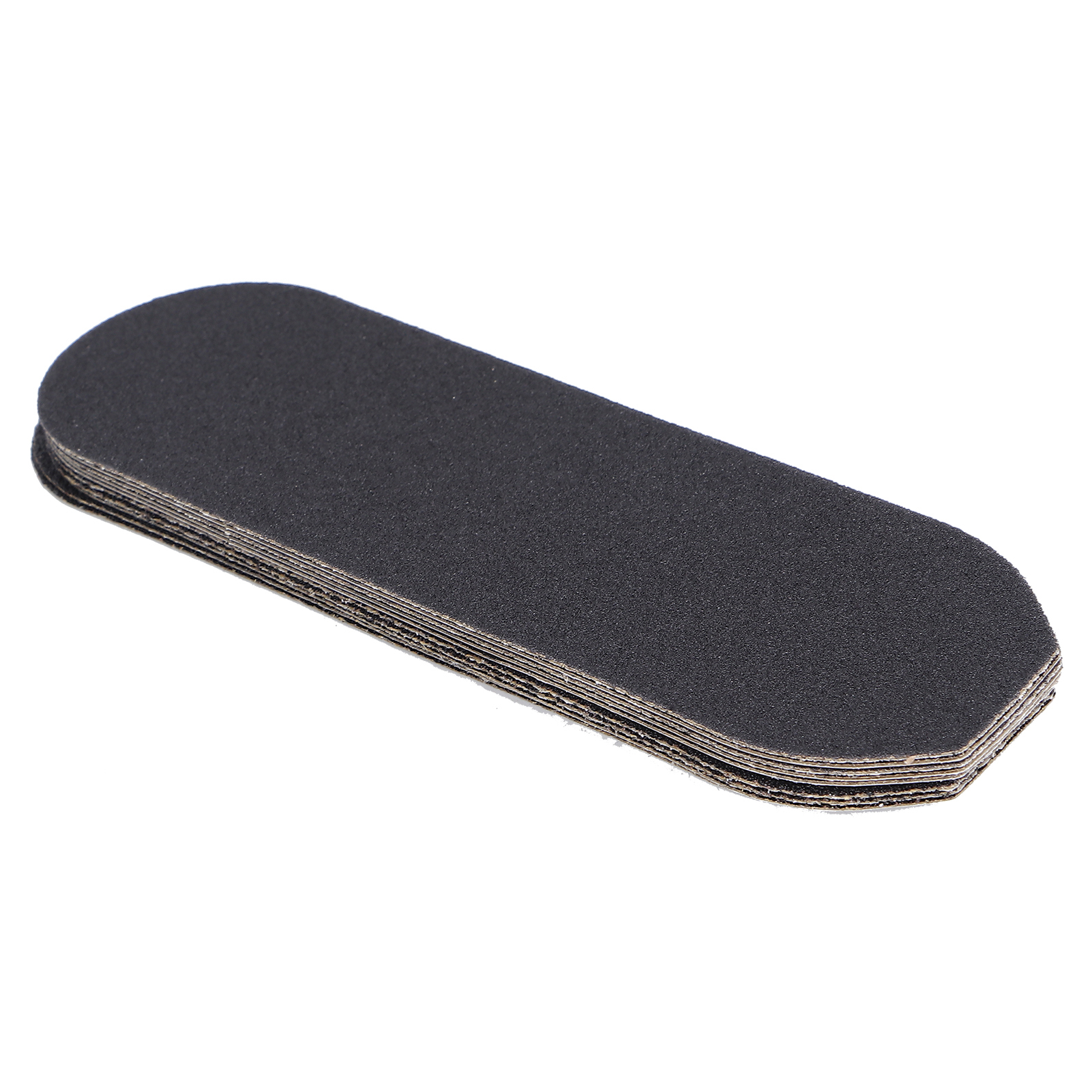 Ein Stapel schwarzer, sandpapierartiger Pads. Die Pads haben eine ovale Form.