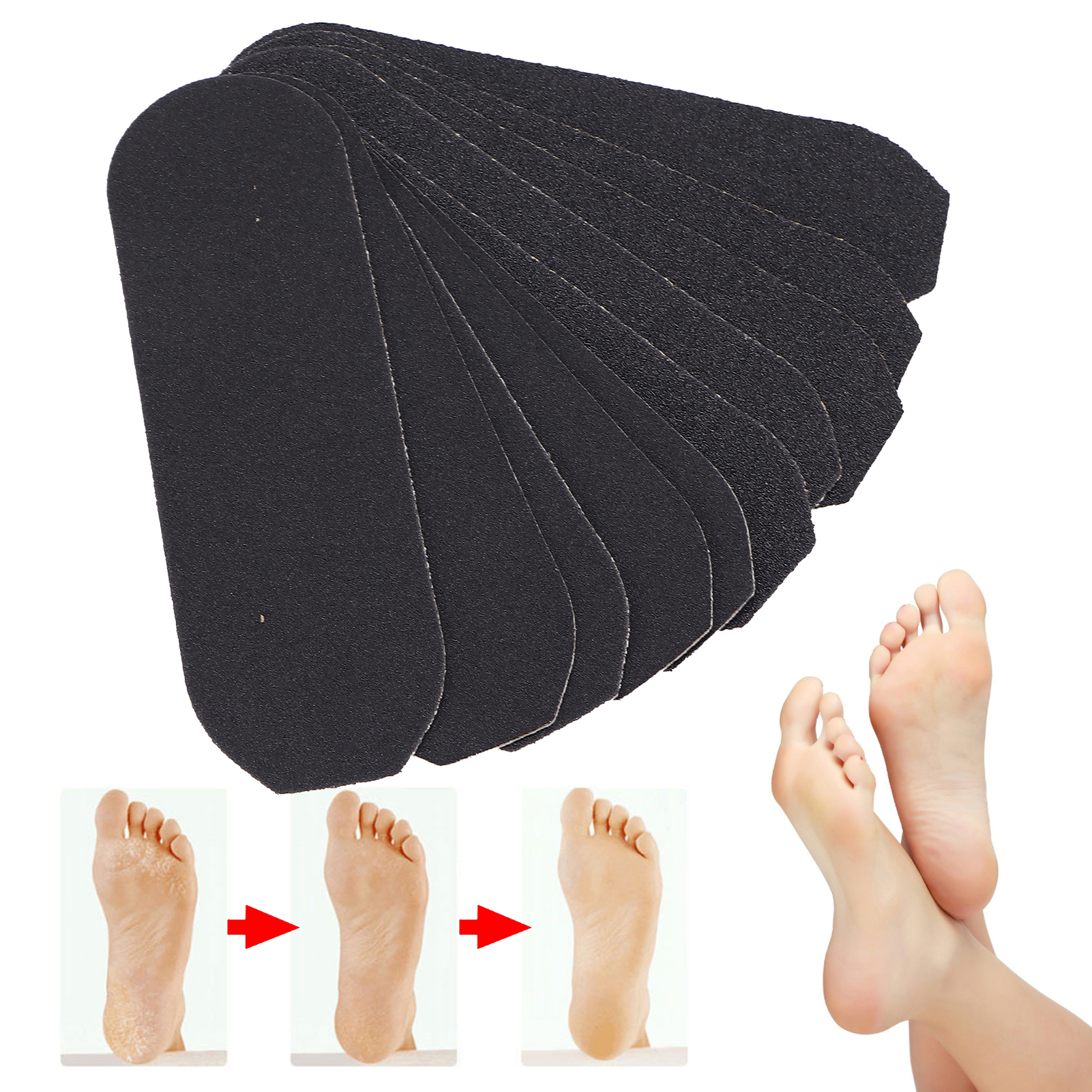 Fußpflegepads. Bilder zeigen den Prozess: rissiger Fuß, rauer Fuß und glatter Fuß.
