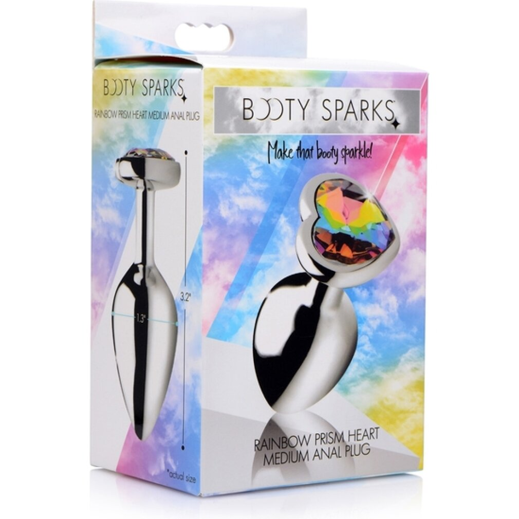 Verpackter silberner Analplug mit herzförmigem, regenbogenfarbenem Edelstein oben.