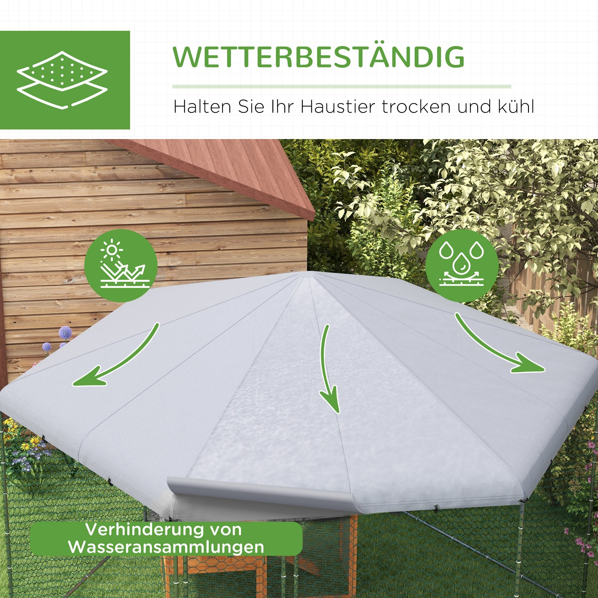 Hühnerstall mit grauem Dach, mit grünen Pfeilen, die Wasserablauf zeigen. Text: Wetterfest.