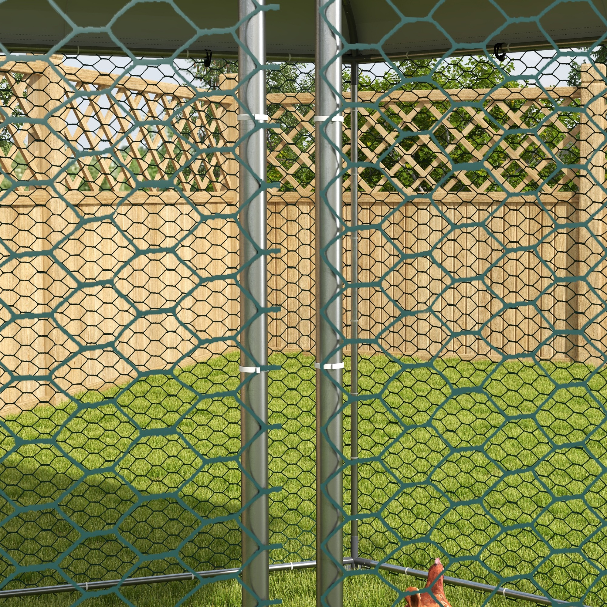 Nahaufnahme des Zauns eines Hühnerstalls mit grünem Maschendraht und einem Holzzaun im Hintergrund.