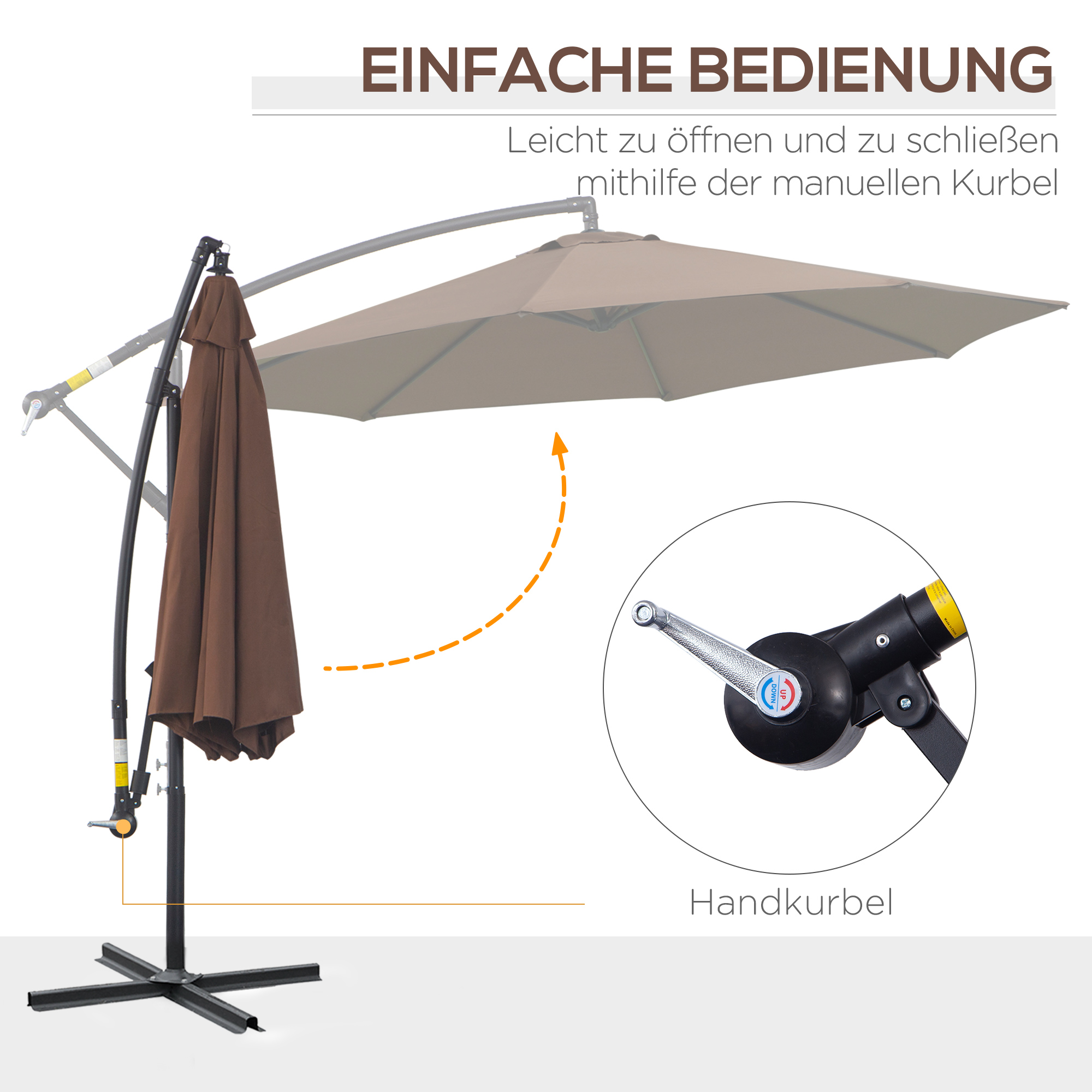 Ein brauner Ausleger-Sonnenschirm mit Kurbel. Details zum Öffnen und Schließen des Schirms mit der manuellen Kurbel.