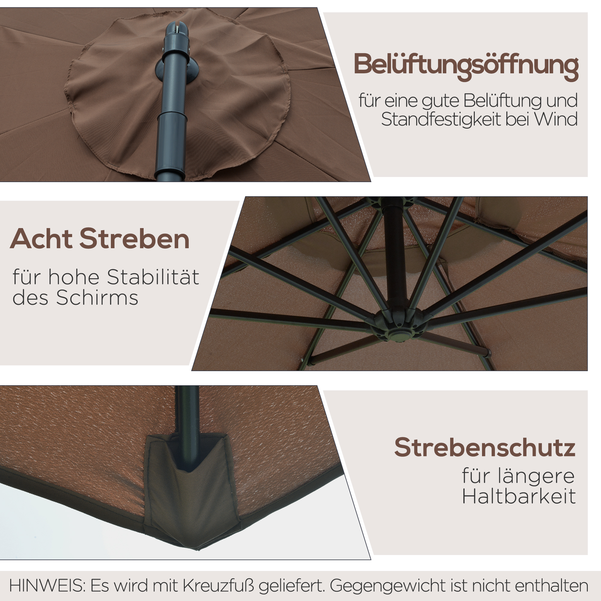 Detaillierte Ansichten eines braunen Schirms. Zu den Merkmalen gehören Belüftung, starke Rippen und Rippenschutz für Langlebigkeit.