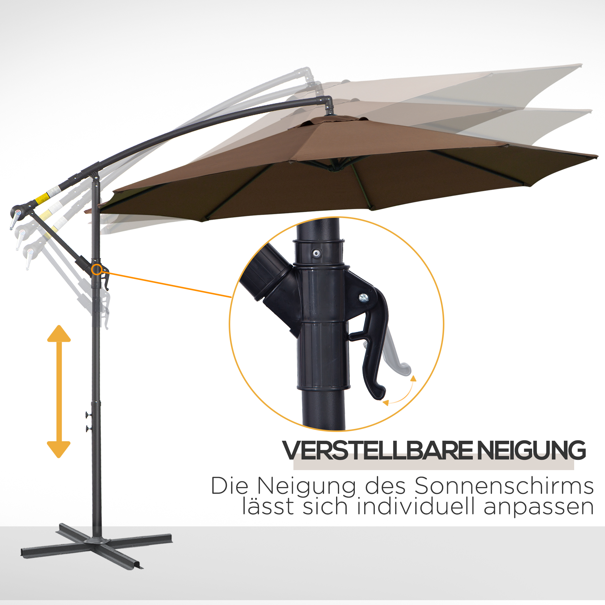 Ein brauner Sonnenschirm mit verstellbarer Neigung. Schwarze Stange und Halterung. Text auf Deutsch: Verstellbare Neigung.
