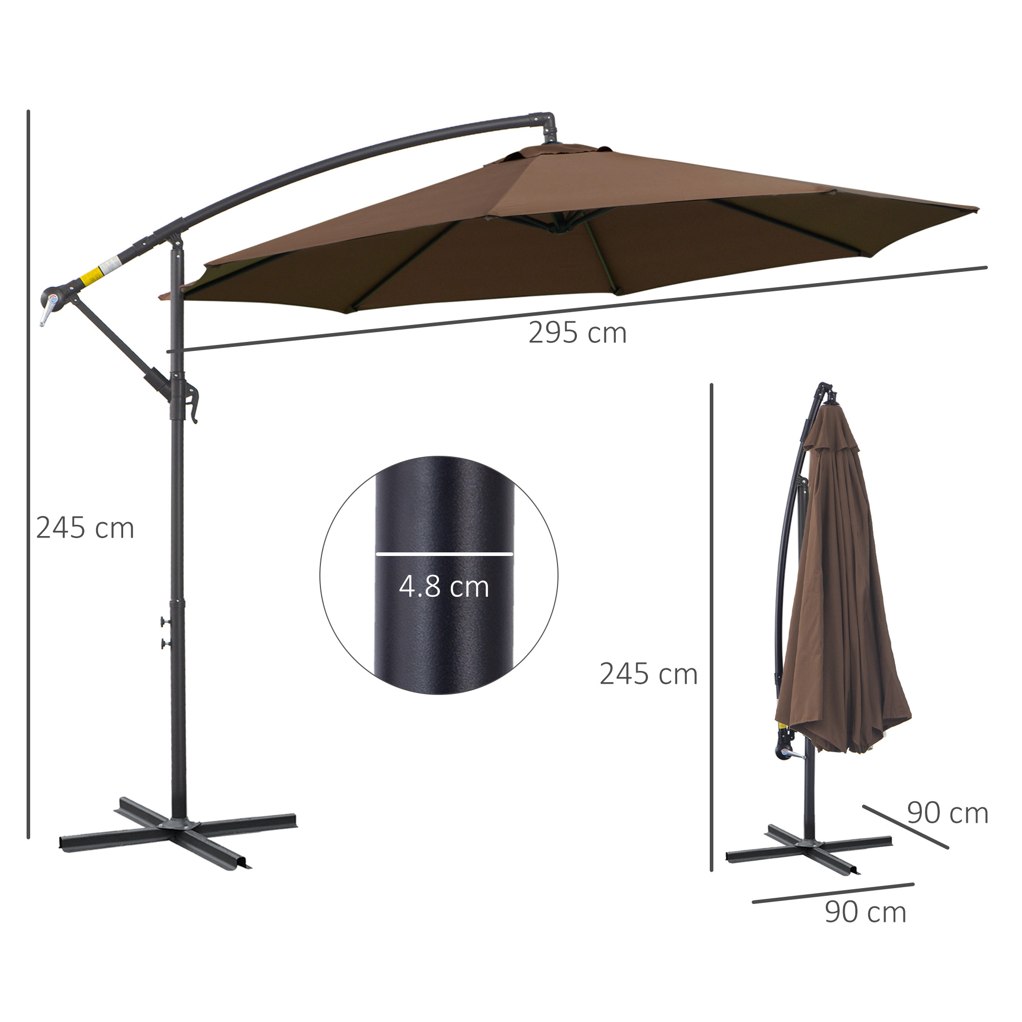 Ein brauner Ausleger-Sonnenschirm. Abmessungen: 295 cm breit, 245 cm hoch, der Pfahl hat 4,8 cm Durchmesser und der Sockel 90 cm.