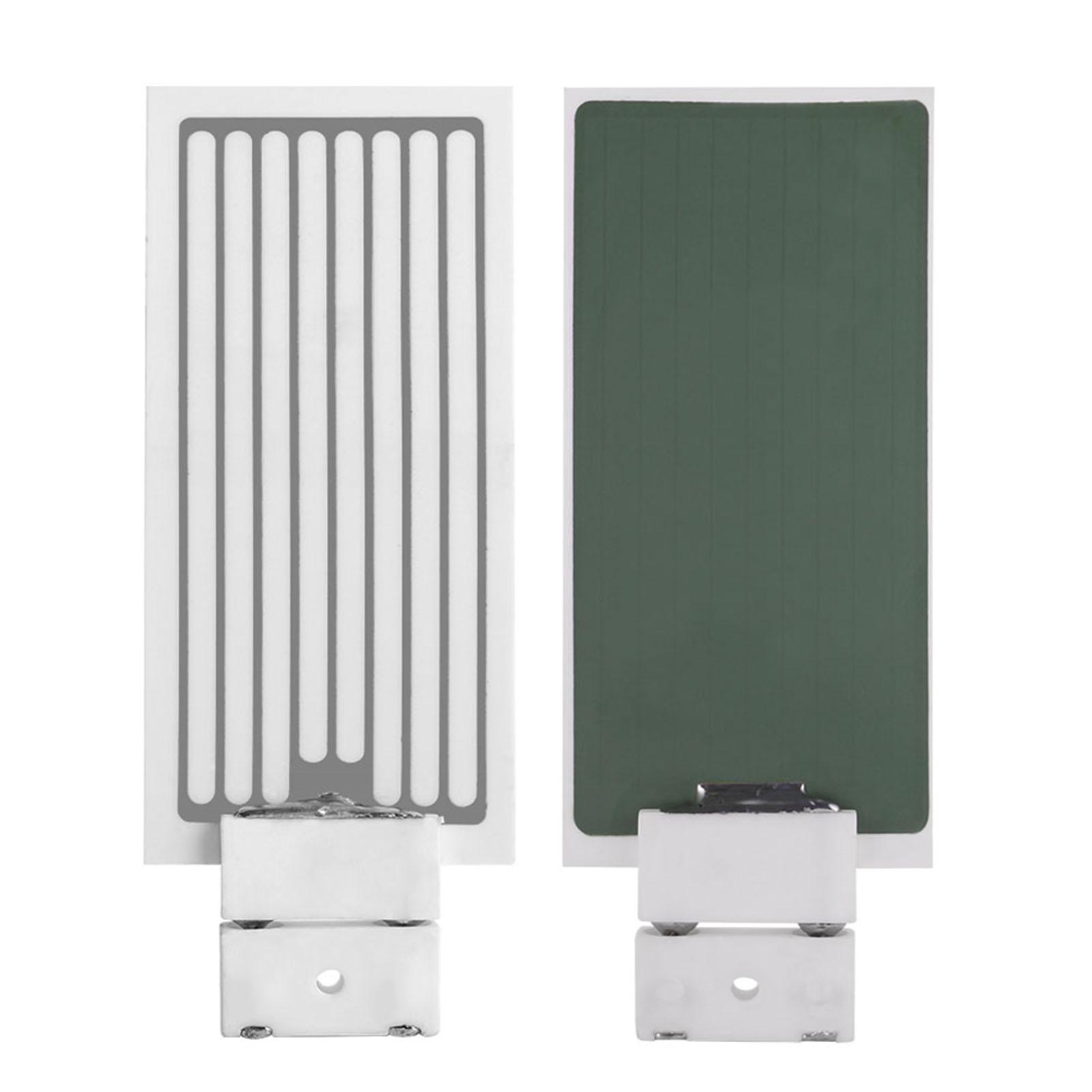 Zwei elektronische Komponenten, eine weiß und gestreift, die andere grün und einfarbig, beide mit Metallansätzen.