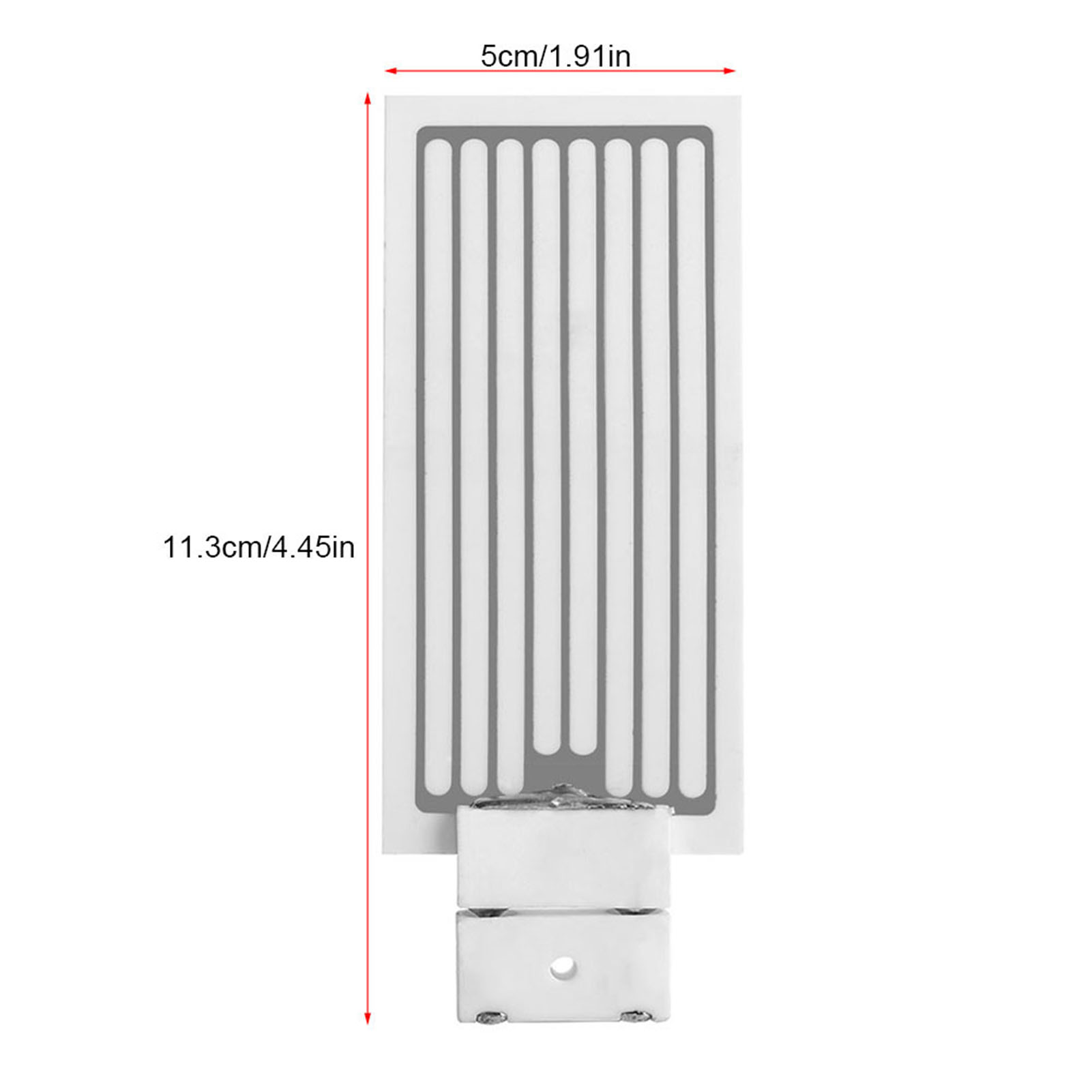 Eine elektronische Komponente mit weißen und grauen Streifen und Metallbasis. Abmessungen: 11,3 cm/4,45 Zoll und 5 cm/1,91 Zoll.