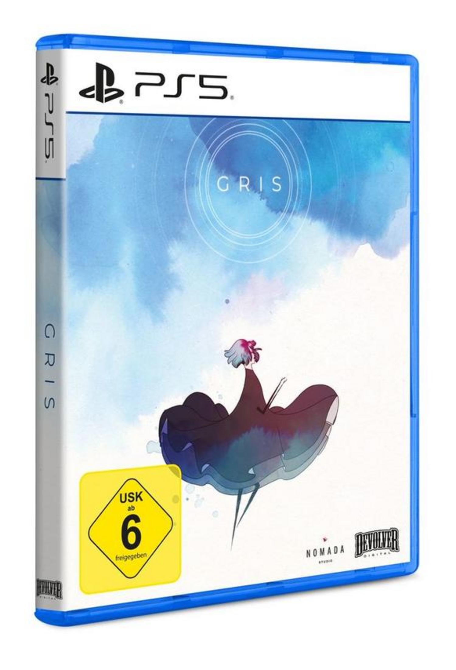 PS5-Spielhülle mit blauem Cover und dem Titel 'GRIS' und einem gelben Bewertungssiegel.