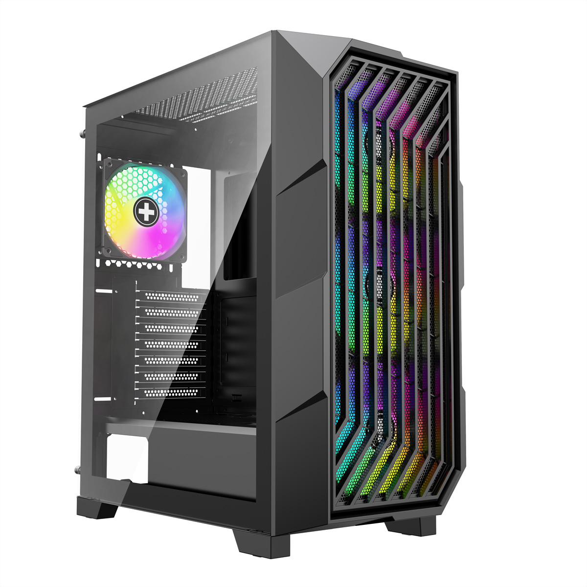 Un boîtier d'ordinateur noir avec un panneau latéral en verre et des lumières LED colorées.