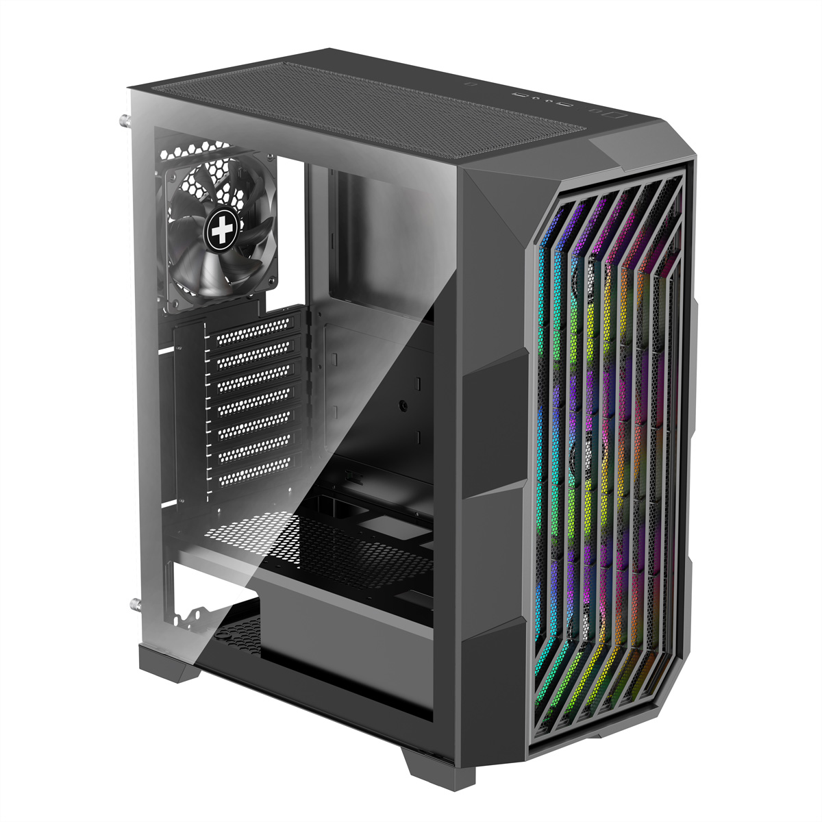 Boîtier d'ordinateur noir avec panneau latéral en verre, ventilateurs et lumières LED colorées.
