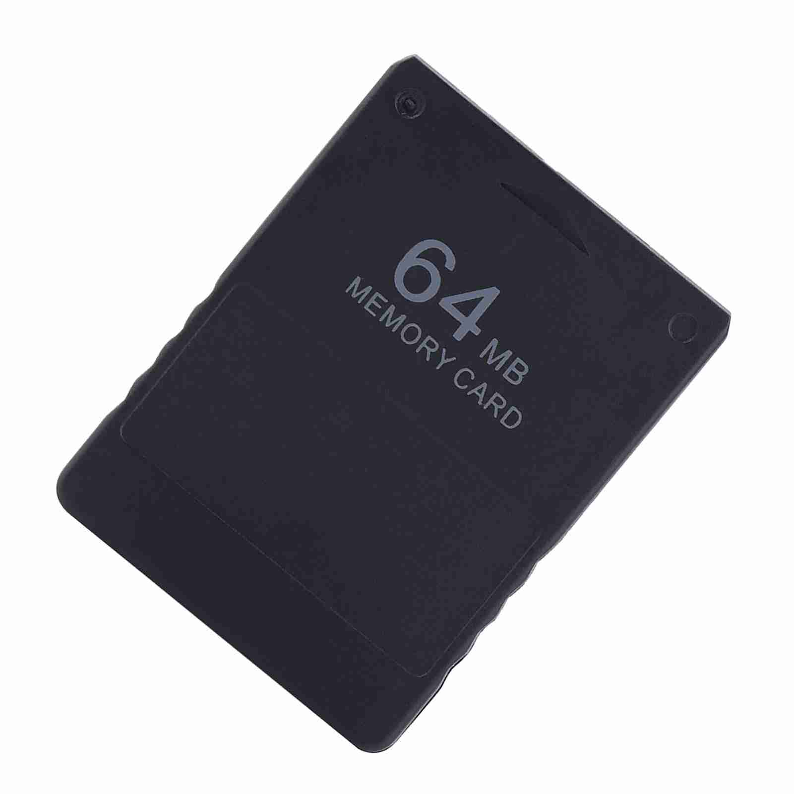 Eine schwarze 64 MB Speicherkarte, schräg auf einer weißen Oberfläche.