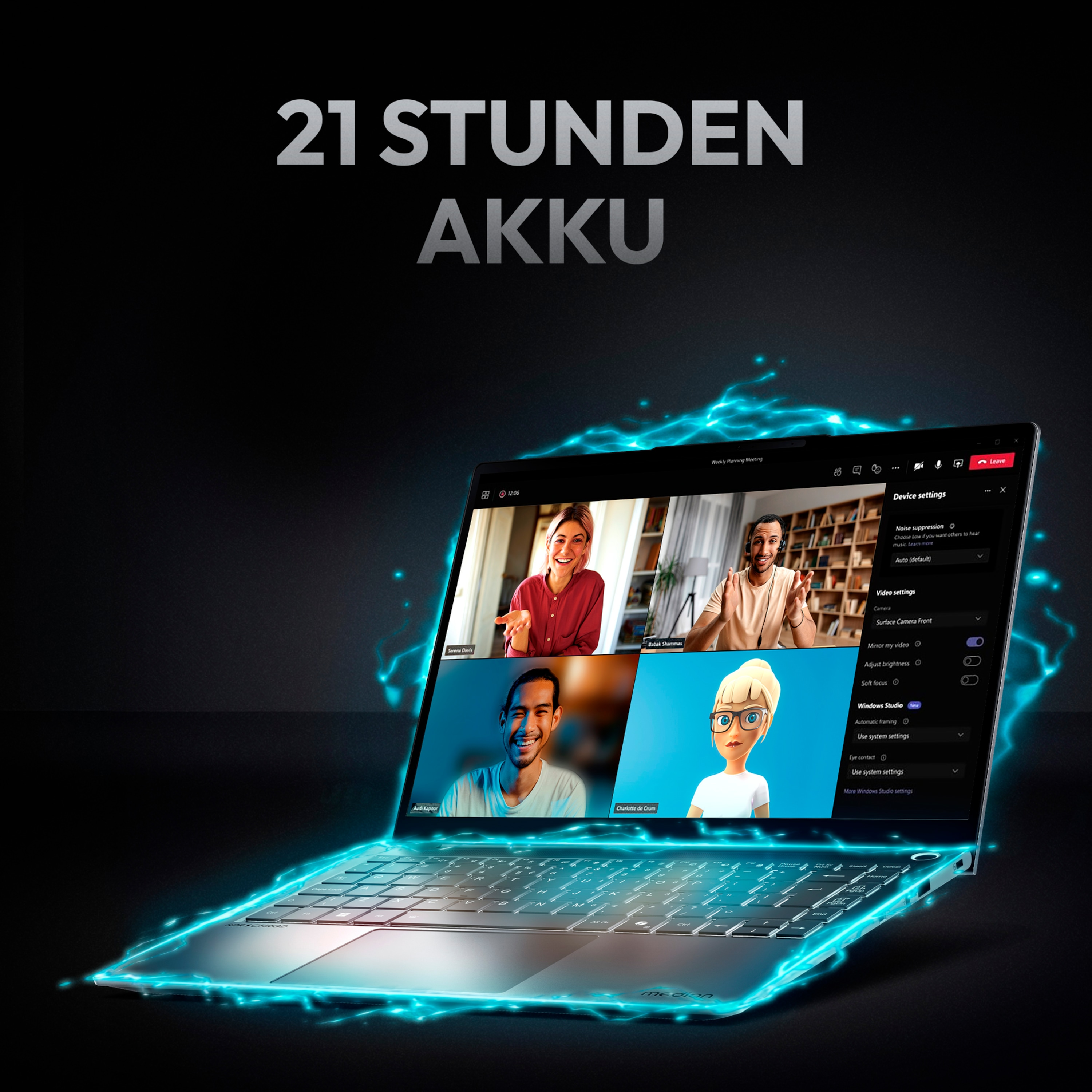 Laptop, der einen Videoanruf mit vier Personen anzeigt. Der Text lautet „21 Stunden Akku“. Elektrisch blaue Linien umgeben den Laptop.