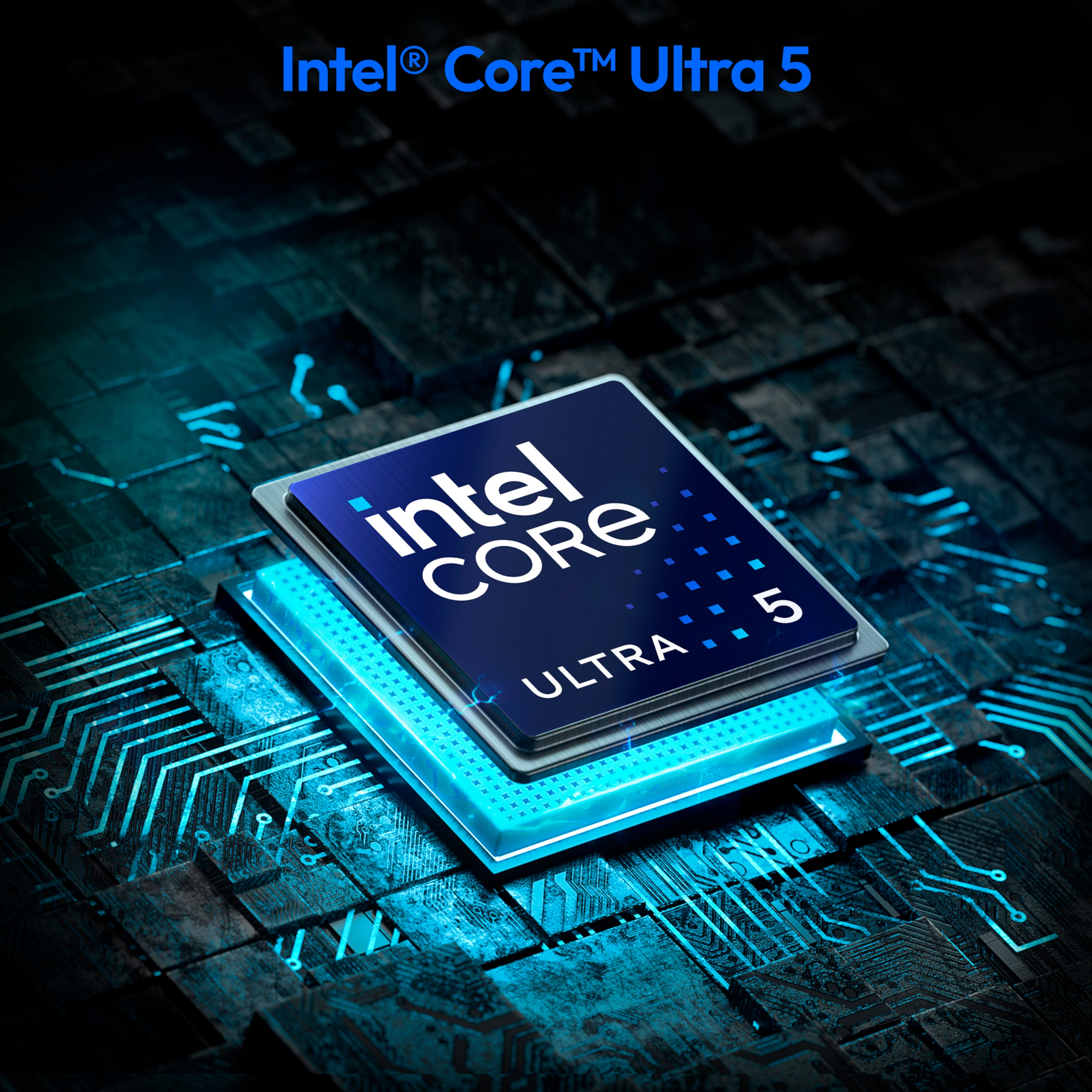 Ein Intel Core Ultra 5-Prozessor. Der Prozessor befindet sich in einer technologiebezogenen Umgebung mit blauen Lichteffekten. Nahaufnahme.