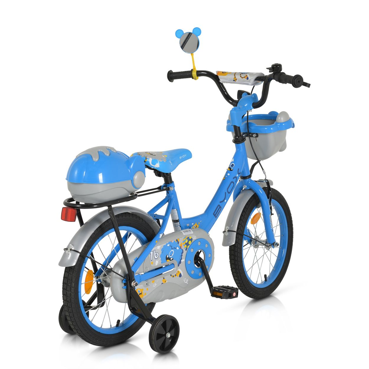 Bicicleta infantil azul y gris con ruedines, cesta y casco.