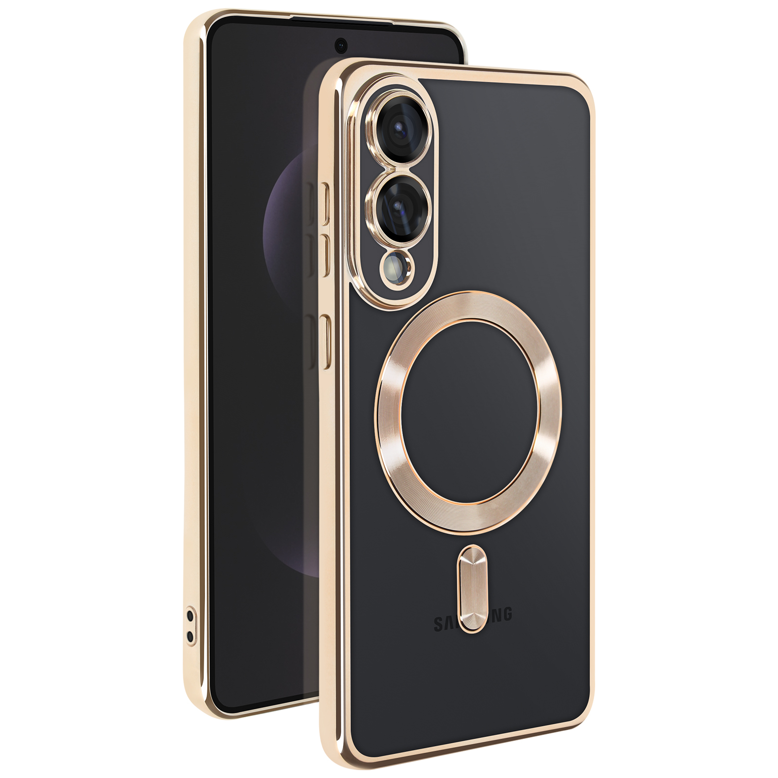 Due telefoni Samsung neri con custodia dorata. Uno è davanti all'altro. Anello dorato visibile.