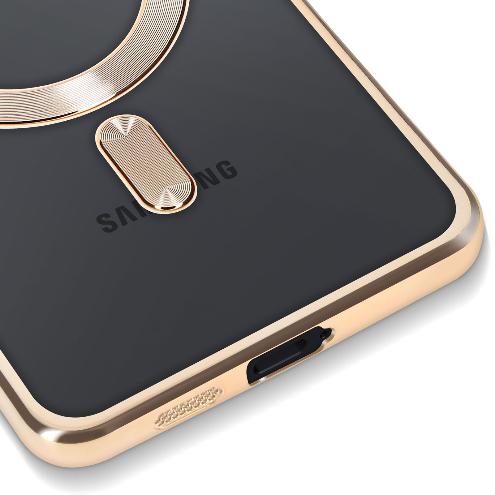 Primo piano di una custodia per telefono nera con un anello dorato e un bordo dorato. Il logo Samsung è visibile.