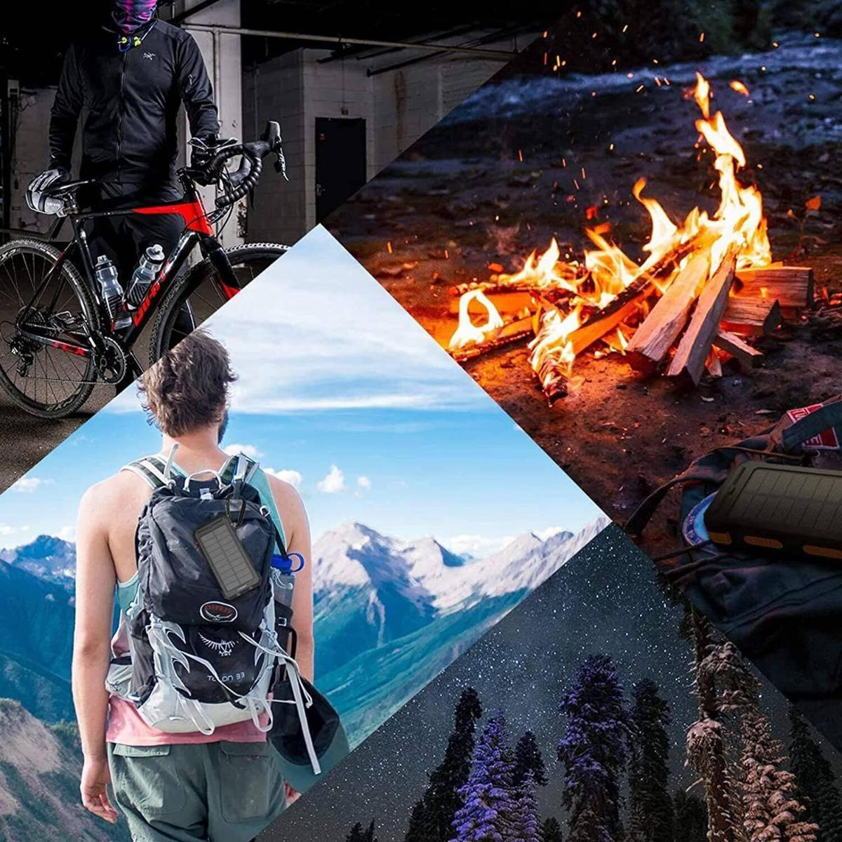 Eine Collage zeigt eine Person auf einem Fahrrad, ein Lagerfeuer, eine Person mit Rucksack und Sternenhimmel.