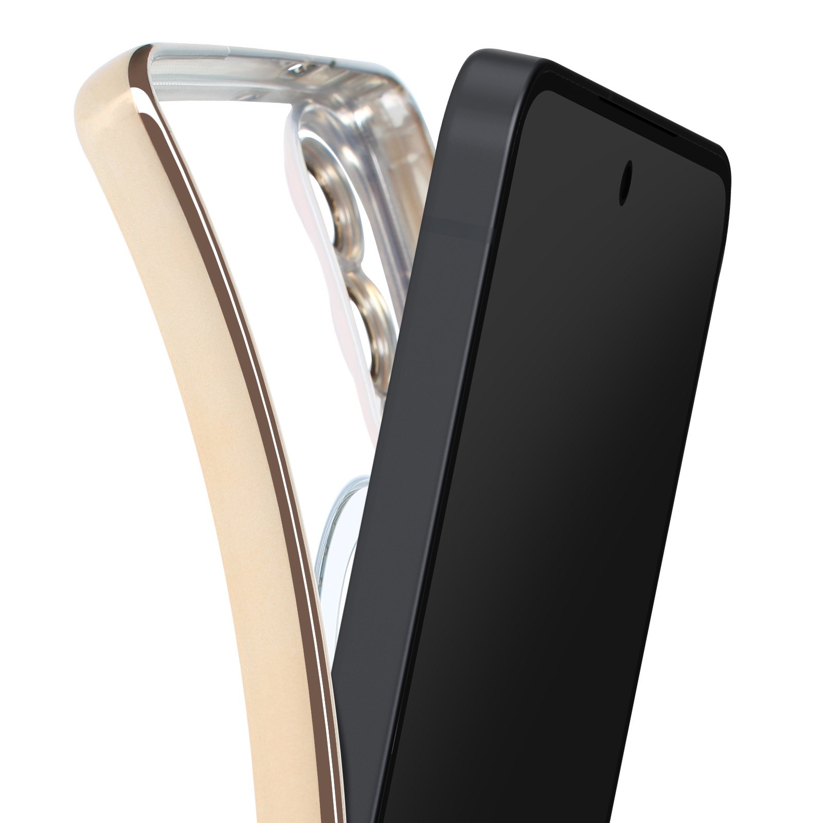 Uno smartphone nero e una custodia in plastica trasparente. La custodia è trasparente con bordi dorati.