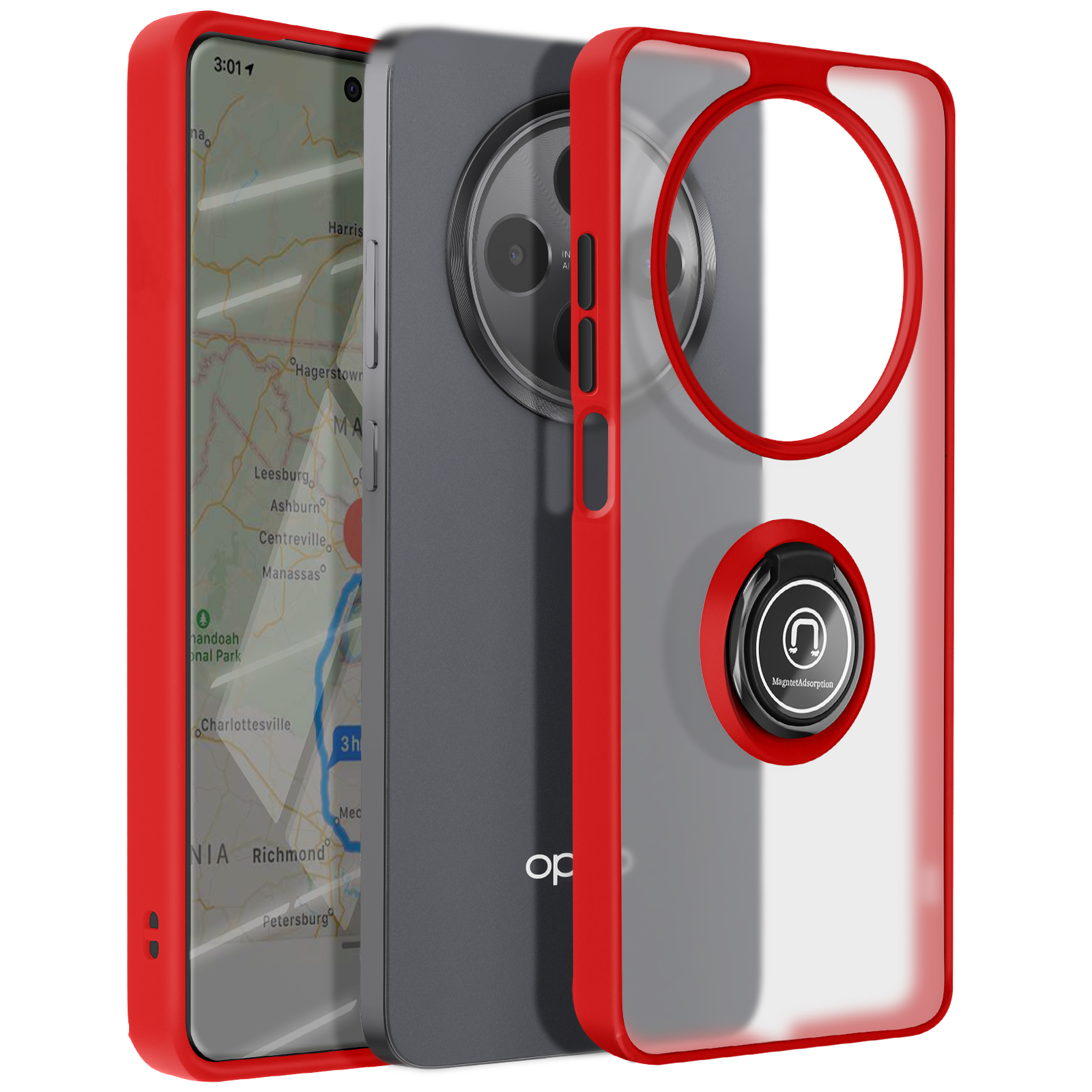 Un telefono in una custodia rossa e trasparente. La custodia ha un supporto ad anello e una mappa sullo schermo.