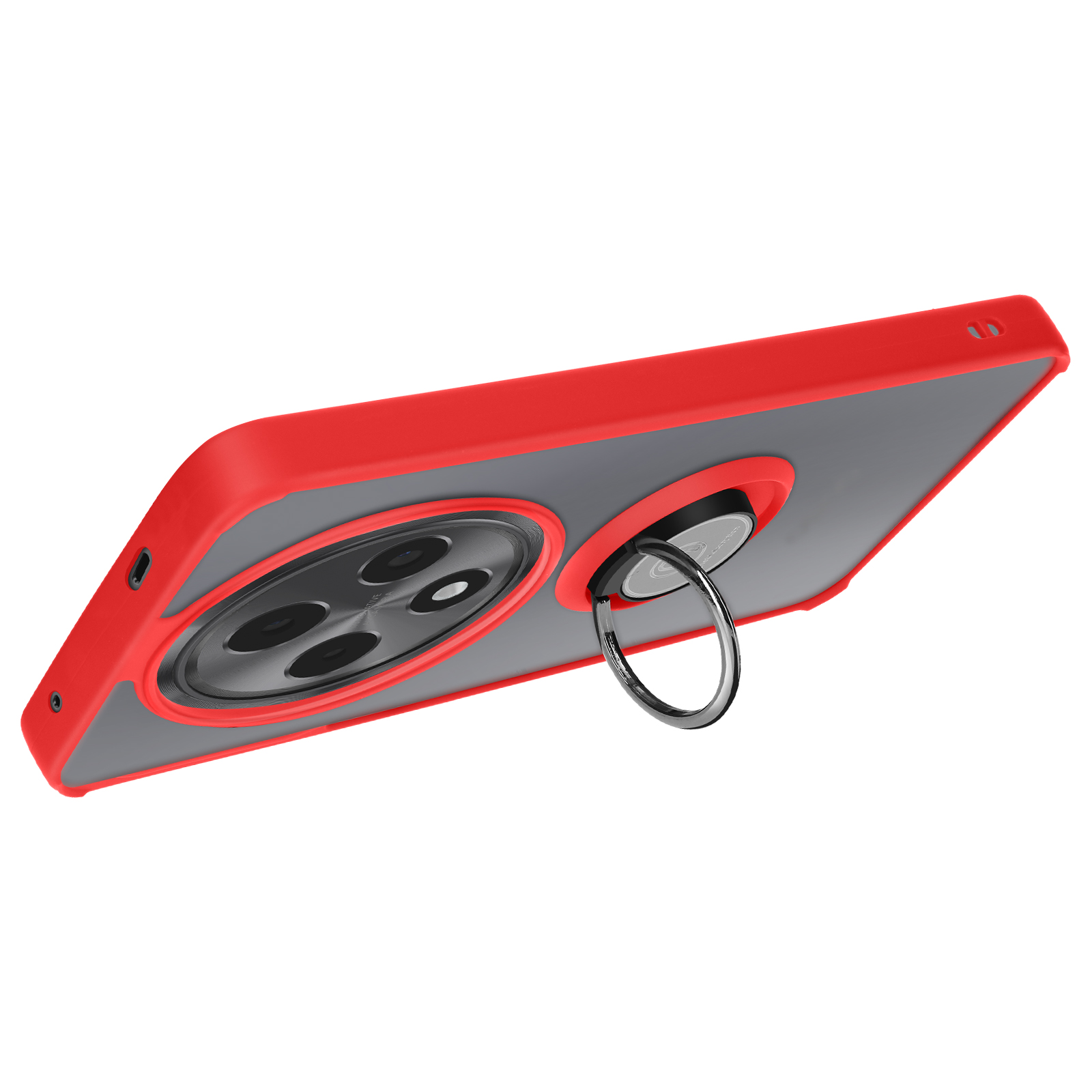 Un telefono in una custodia rossa con un supporto ad anello. La fotocamera del telefono e la custodia sono visibili.