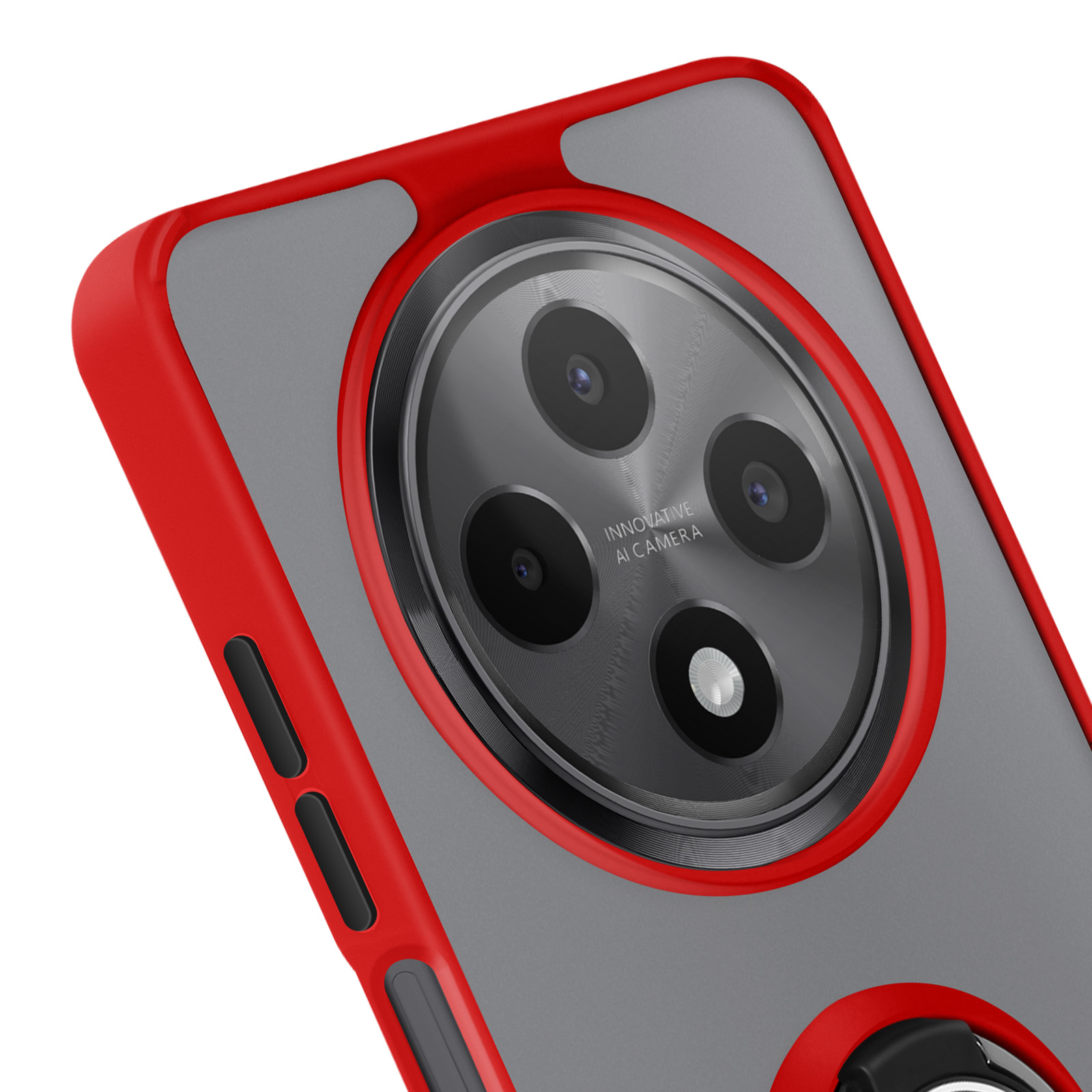 Primo piano di una fotocamera del telefono con cornice rossa e anello nero.