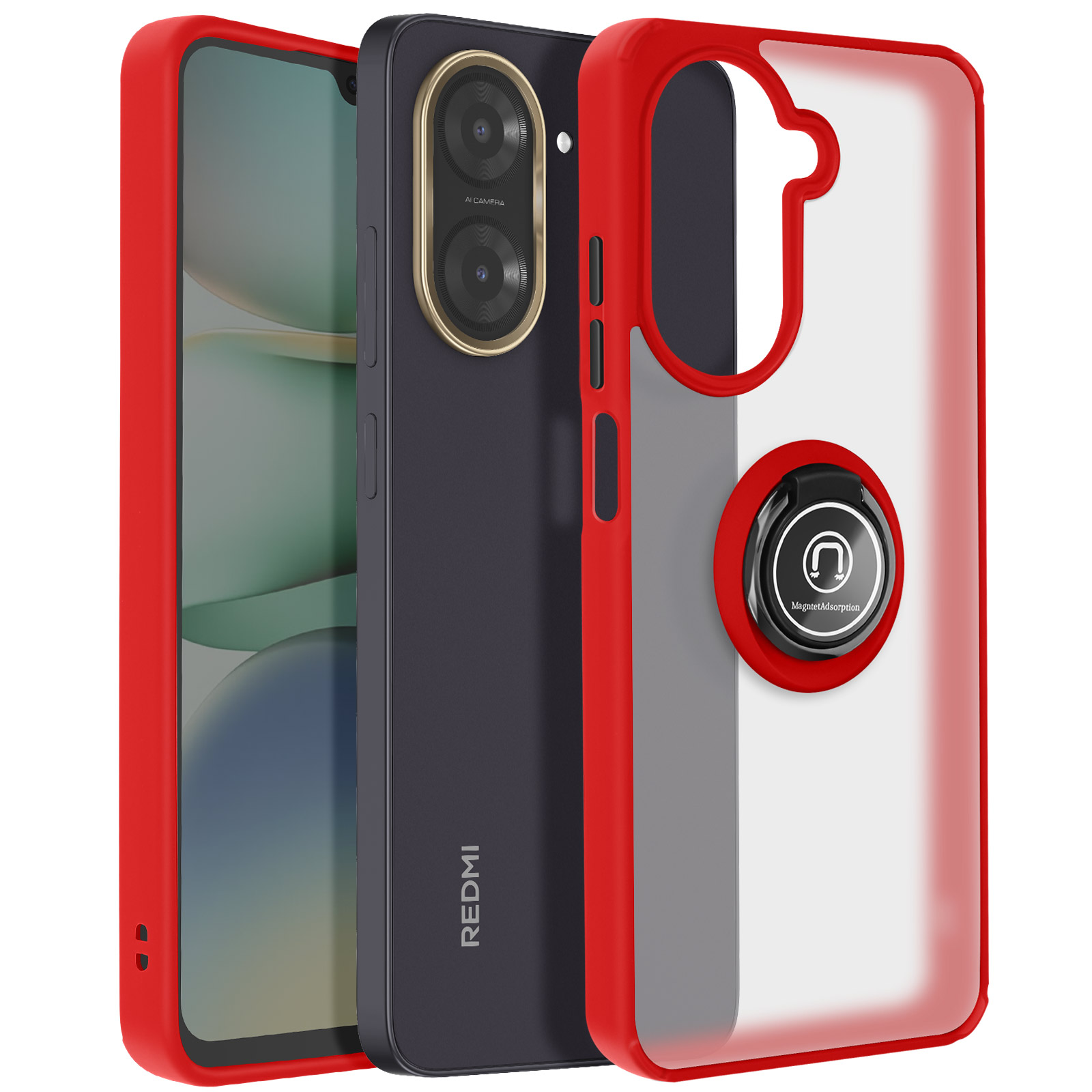 Una custodia rossa per telefono con un telefono nero all'interno e un supporto ad anello.