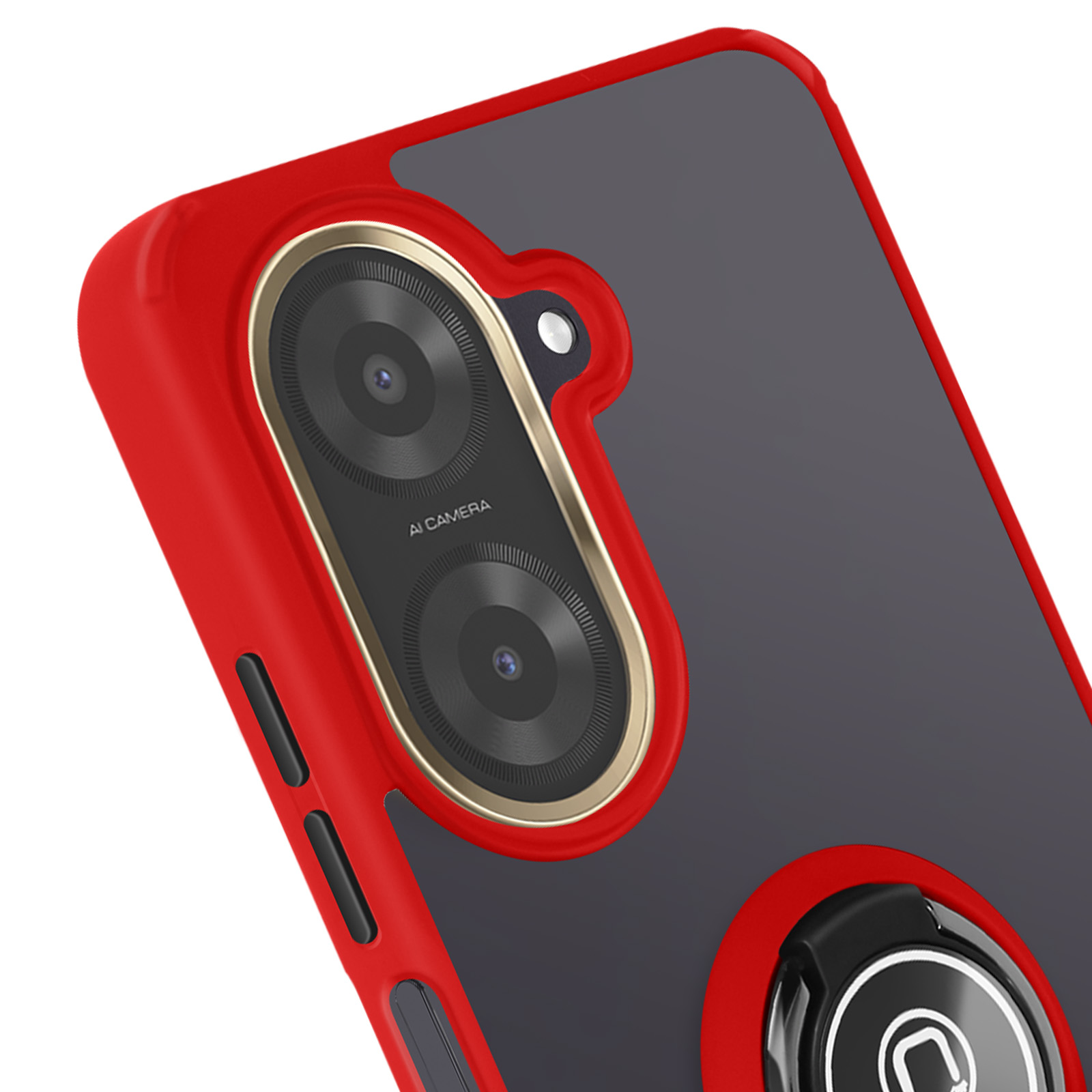 Primo piano di una custodia rossa per telefono con telefono nero e supporto ad anello.
