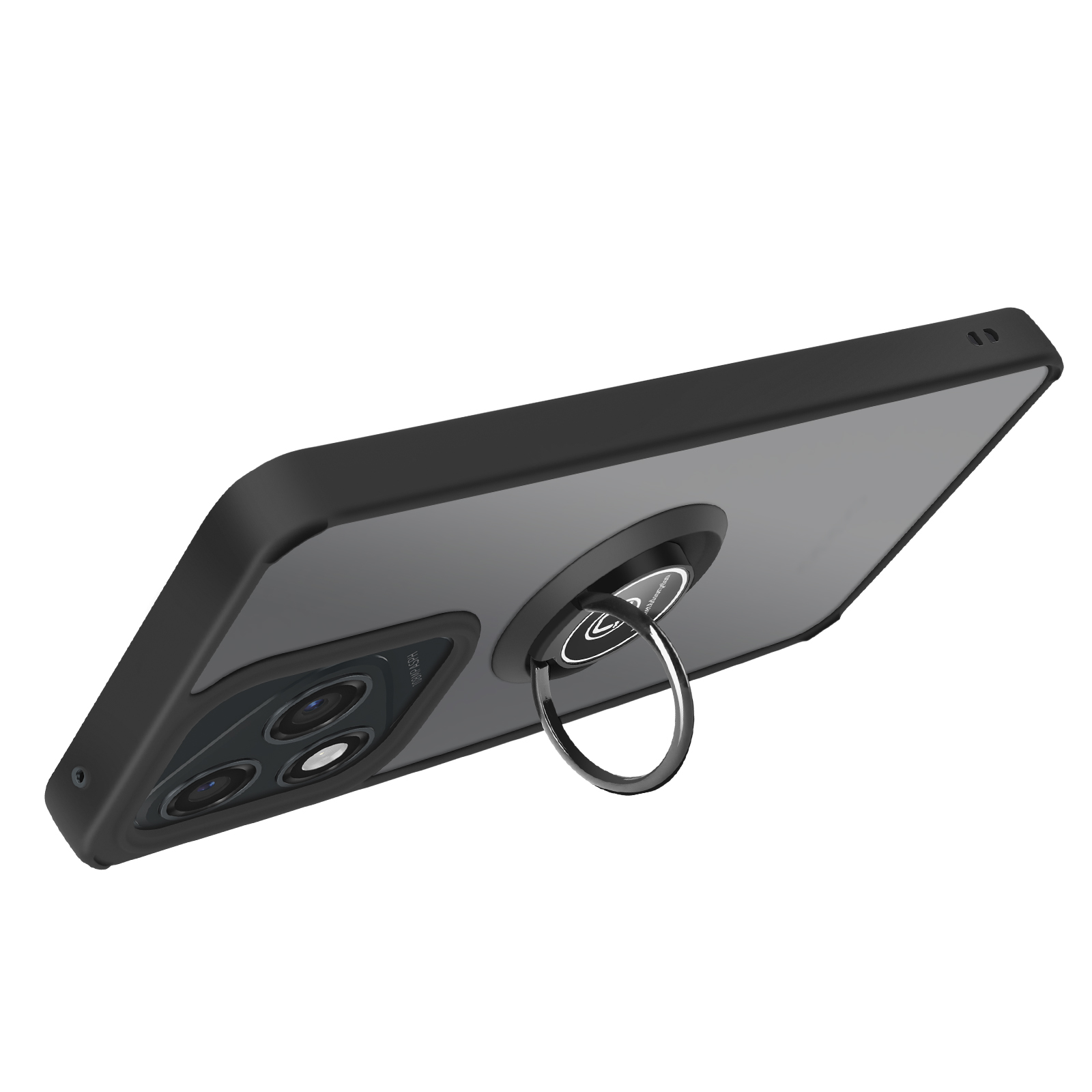 Una custodia nera per telefono con un telefono nero all'interno e un supporto ad anello.