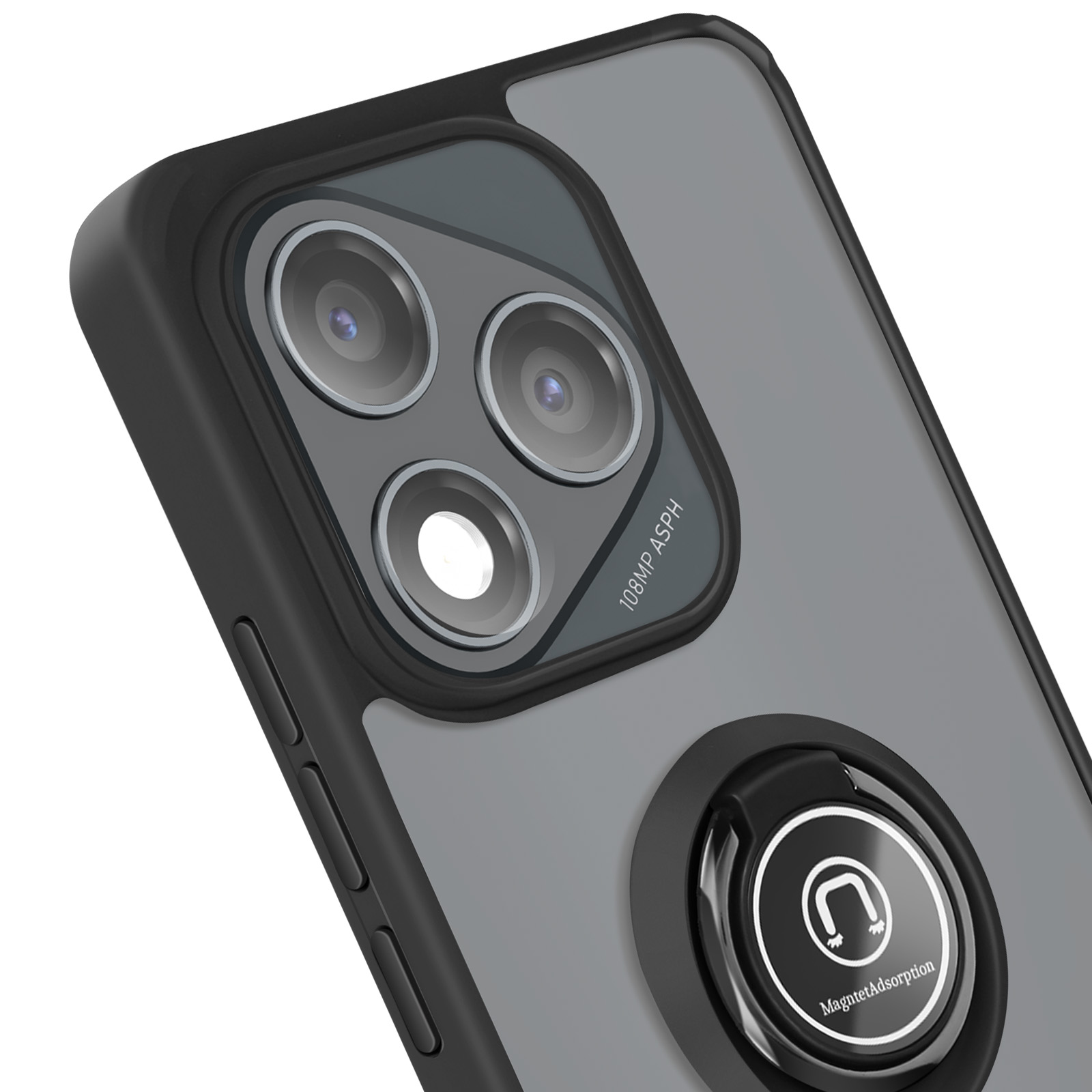 Custodia per telefono con obiettivi della fotocamera e un supporto ad anello. Il testo sulla custodia dice, 108MP ASPH.
