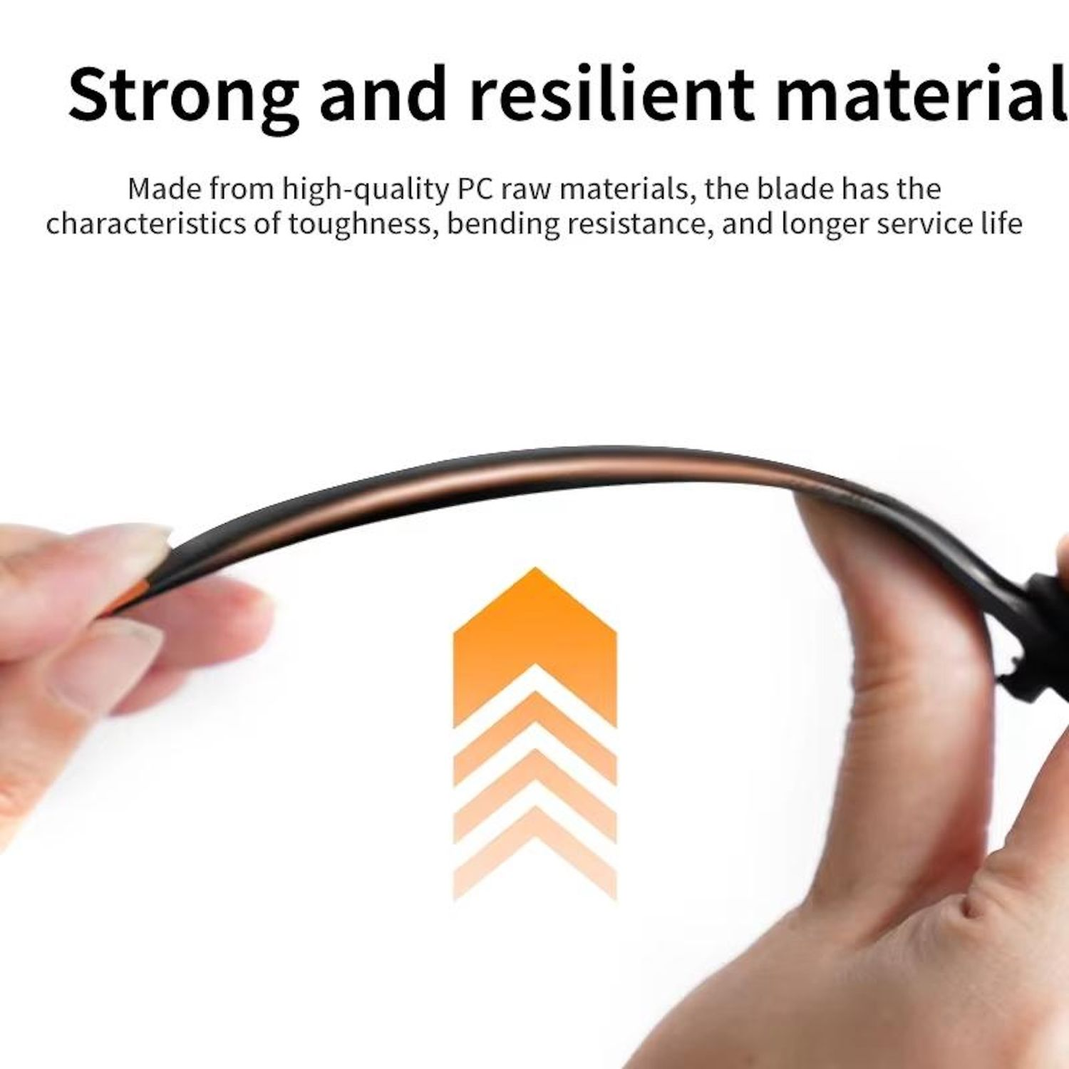 Mano che tiene un'elica di drone flessibile. Una freccia mostra la direzione. Il testo dice: 'Strong and resilient material'.