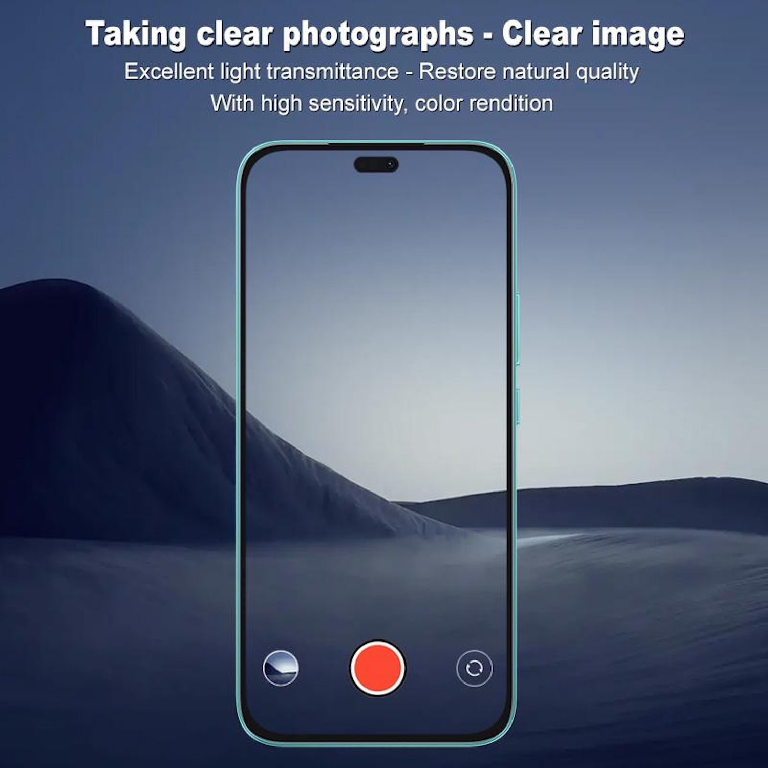 Ein Telefonbildschirm mit einem dunkelblauen Hintergrund. Es gibt eine Schnittstelle mit einem roten Kreis und einem Kamerasymbol.
