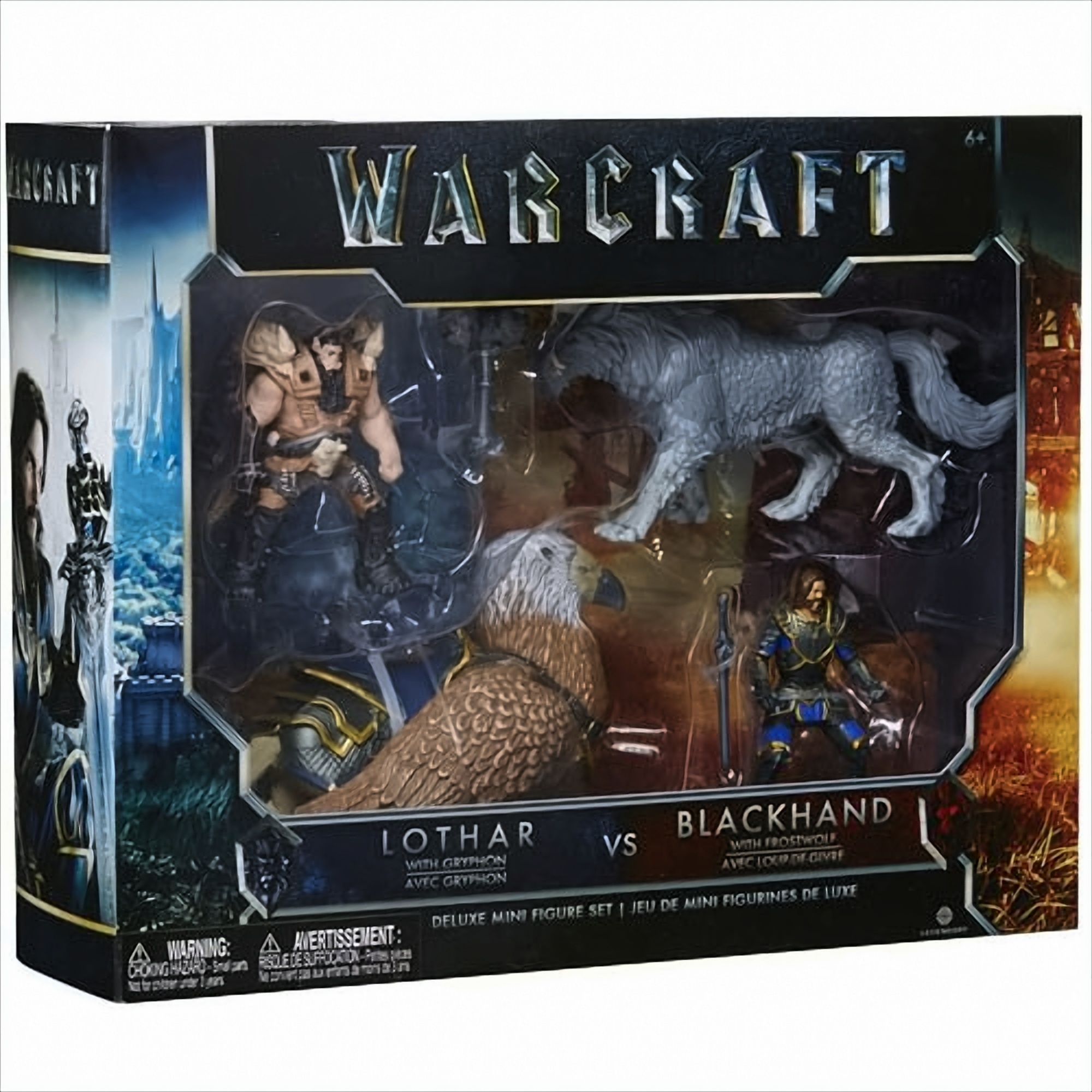Ein Warcraft-Spiel in einer Box. Es zeigt Figuren von Lothar, einem Greif, Blackhand und einem Wolf.