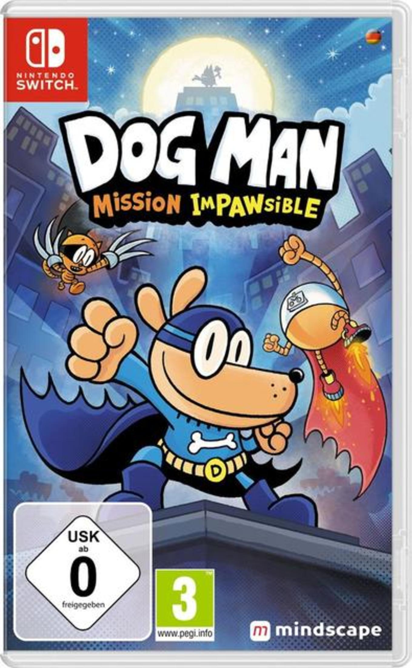 Ein Nintendo Switch-Spielcover mit Dog Man: Mission ImPAWssible-Cover-Art. Ein Hundeheld in Blau ist auf dem Cover.