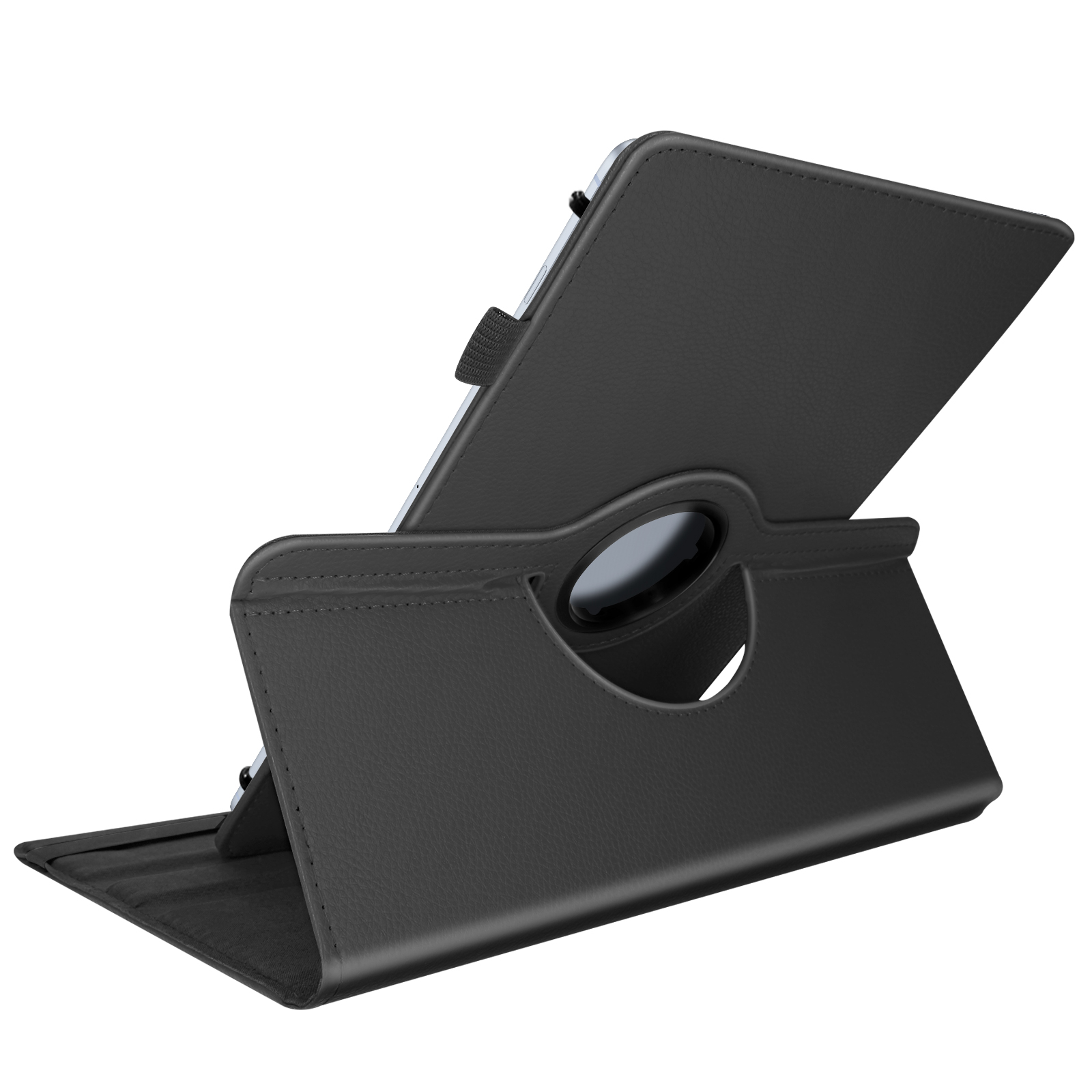 Custodia nera per tablet con supporto rotante, aperta per mostrare un tablet su sfondo bianco.