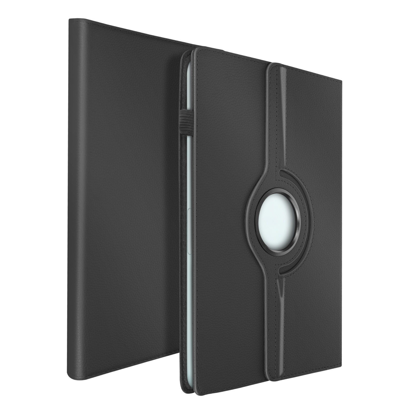 Una custodia nera per tablet con un anello rotante sul retro e una seconda custodia dietro.