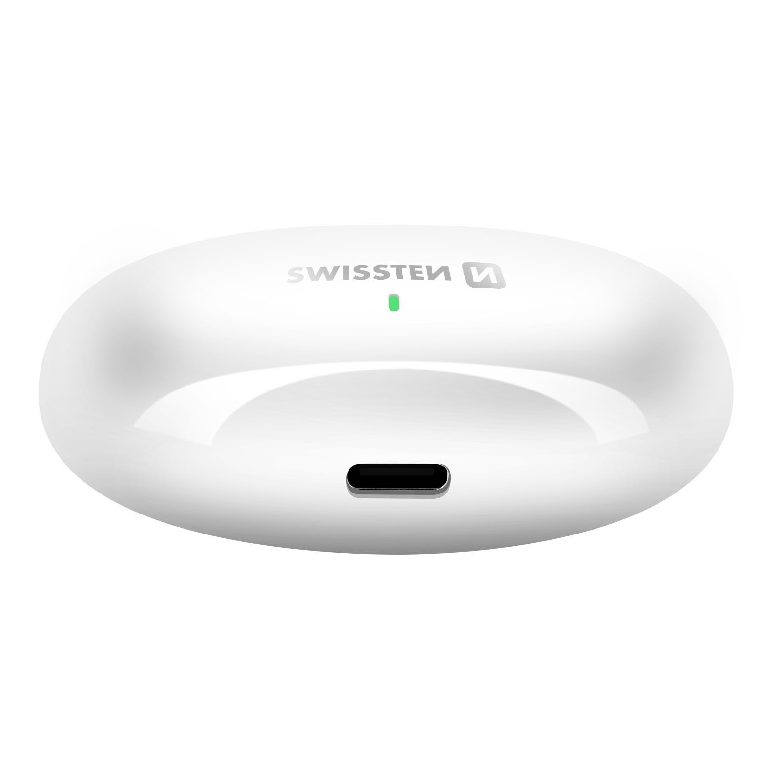 Ein weißes Ladeetui mit dem Markennamen 'SWISSTEN', einem kleinen grünen Licht und einem USB-C-Anschluss.